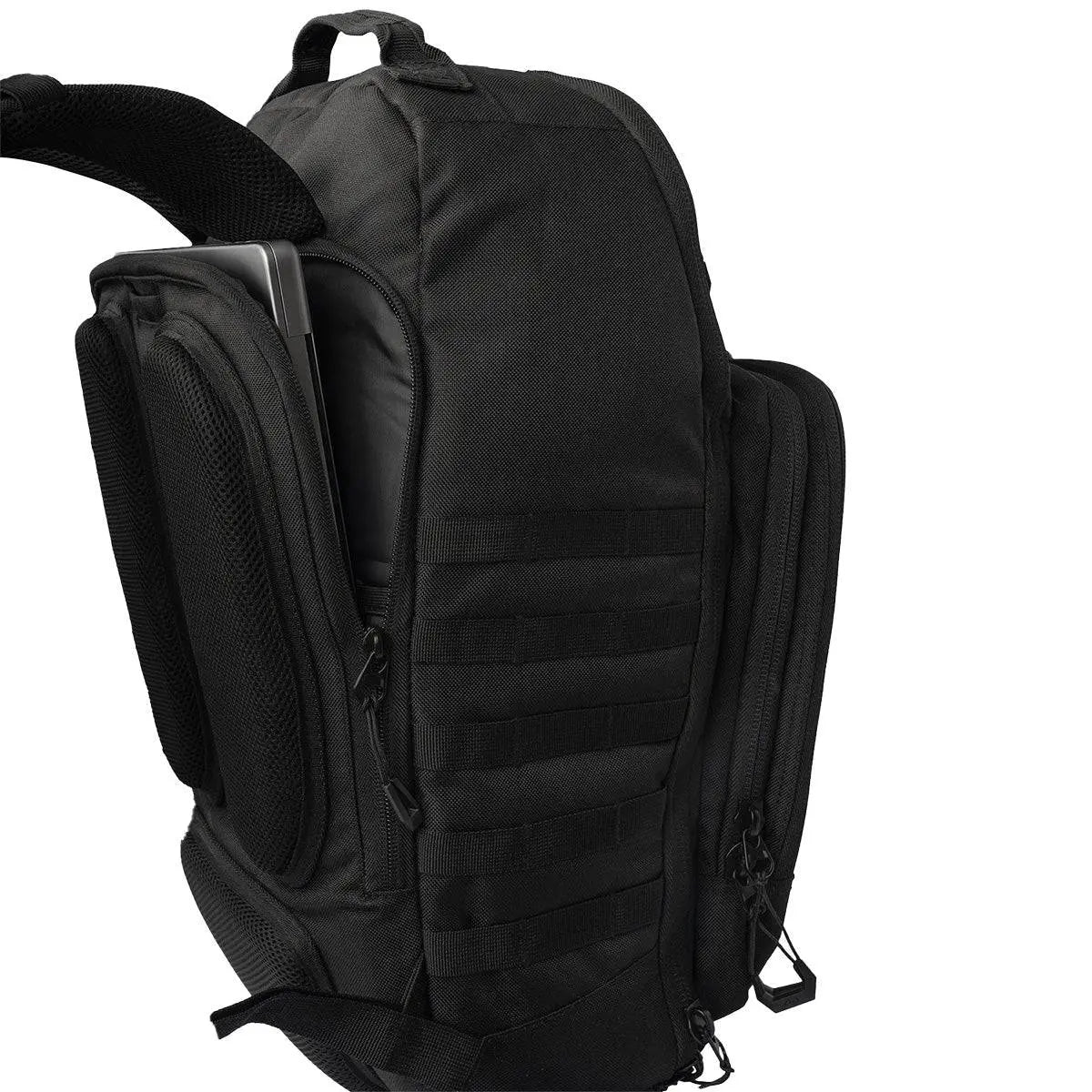 Side view of Highlander Harrier 25L Clamshell Rucksack in black, showcasing a dedicated laptop compartment for secure storage of a 15-inch PC.