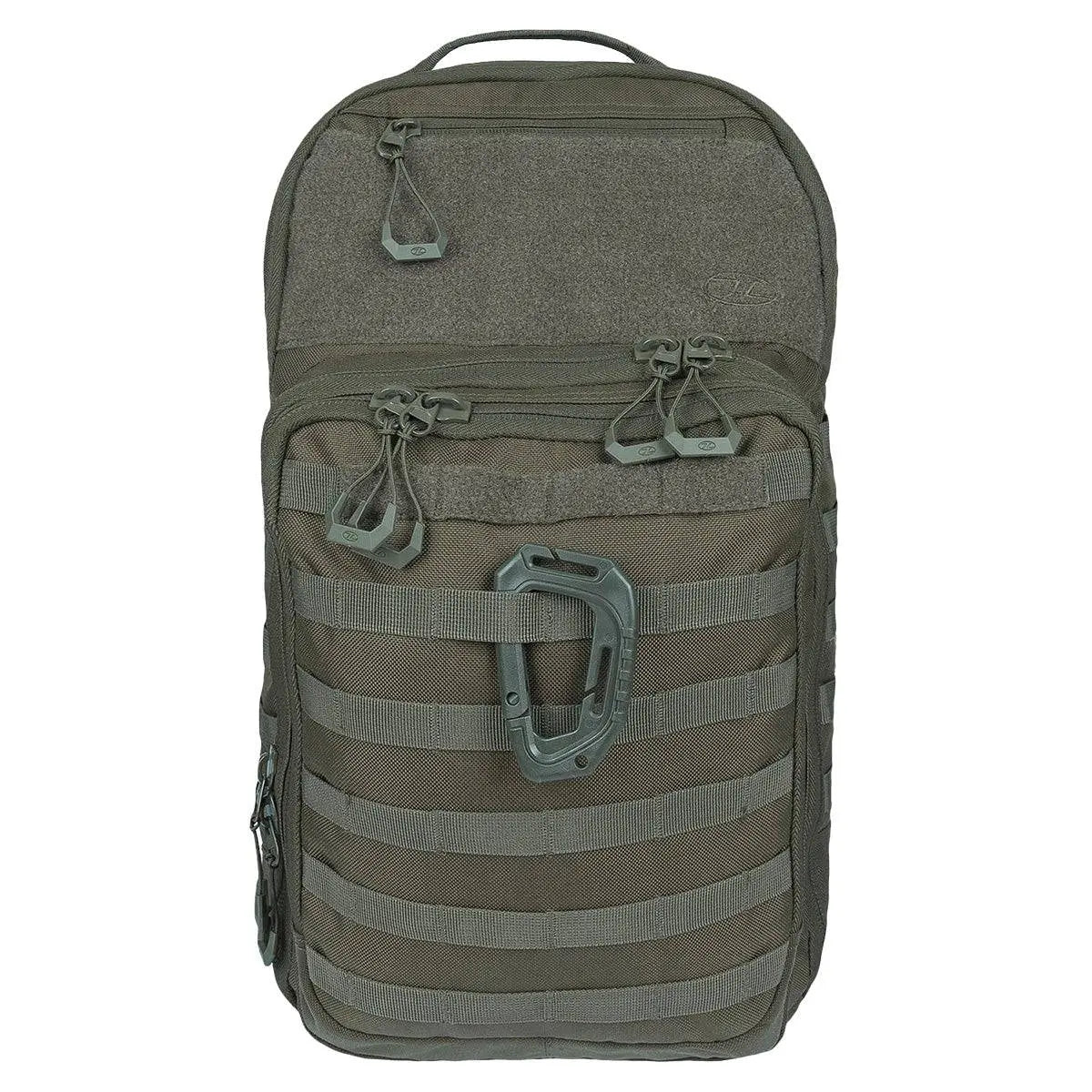 Highlander Harrier 25L Clamshell Rucksack in olive green featuring MOLLE webbing and durable construction for tactical and outdoor activities.
