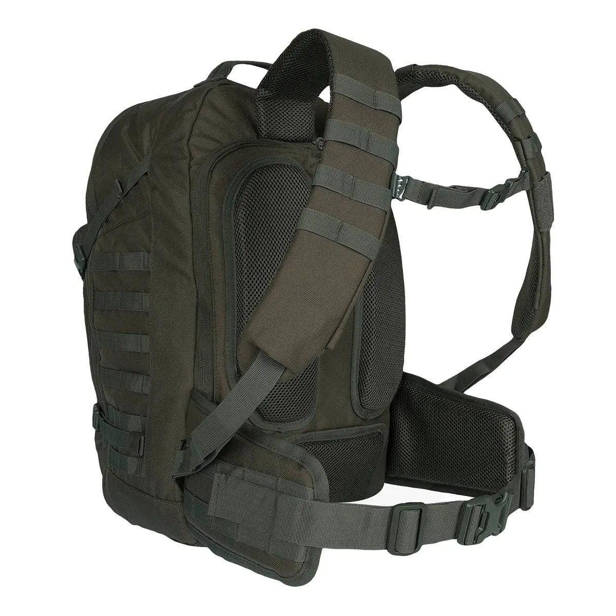 Side view of Highlander Harrier 35L Full Clamshell Pack in olive green, showing ergonomic padded straps, breathable back panel, and waist support.