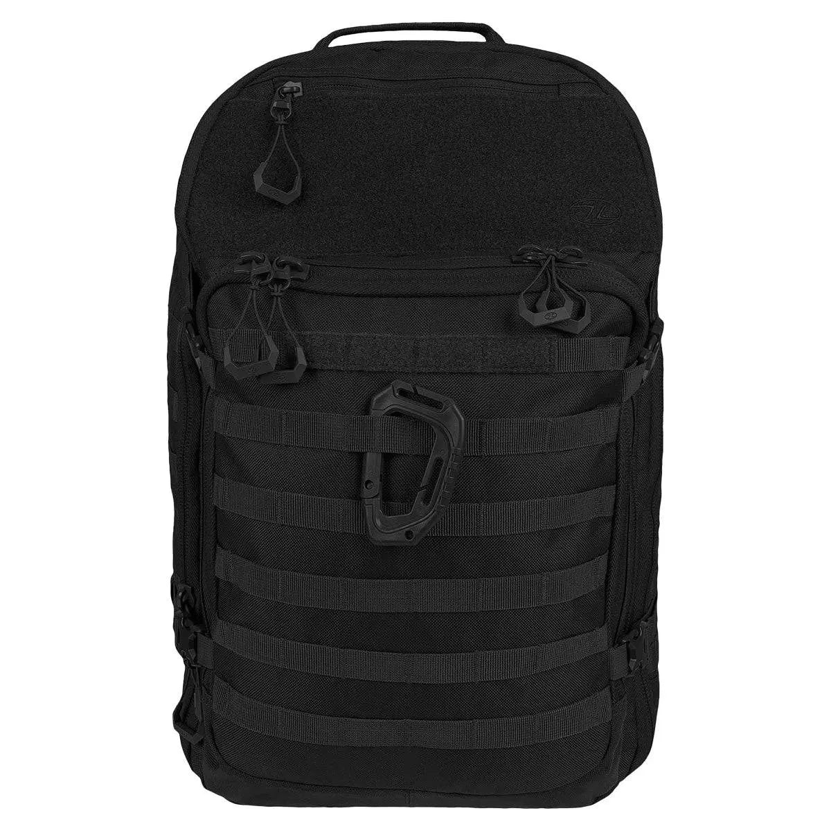 Highlander Harrier 35L Full Clamshell Pack in black with MOLLE webbing, durable zippers, and a tactical design for military and outdoor activities.