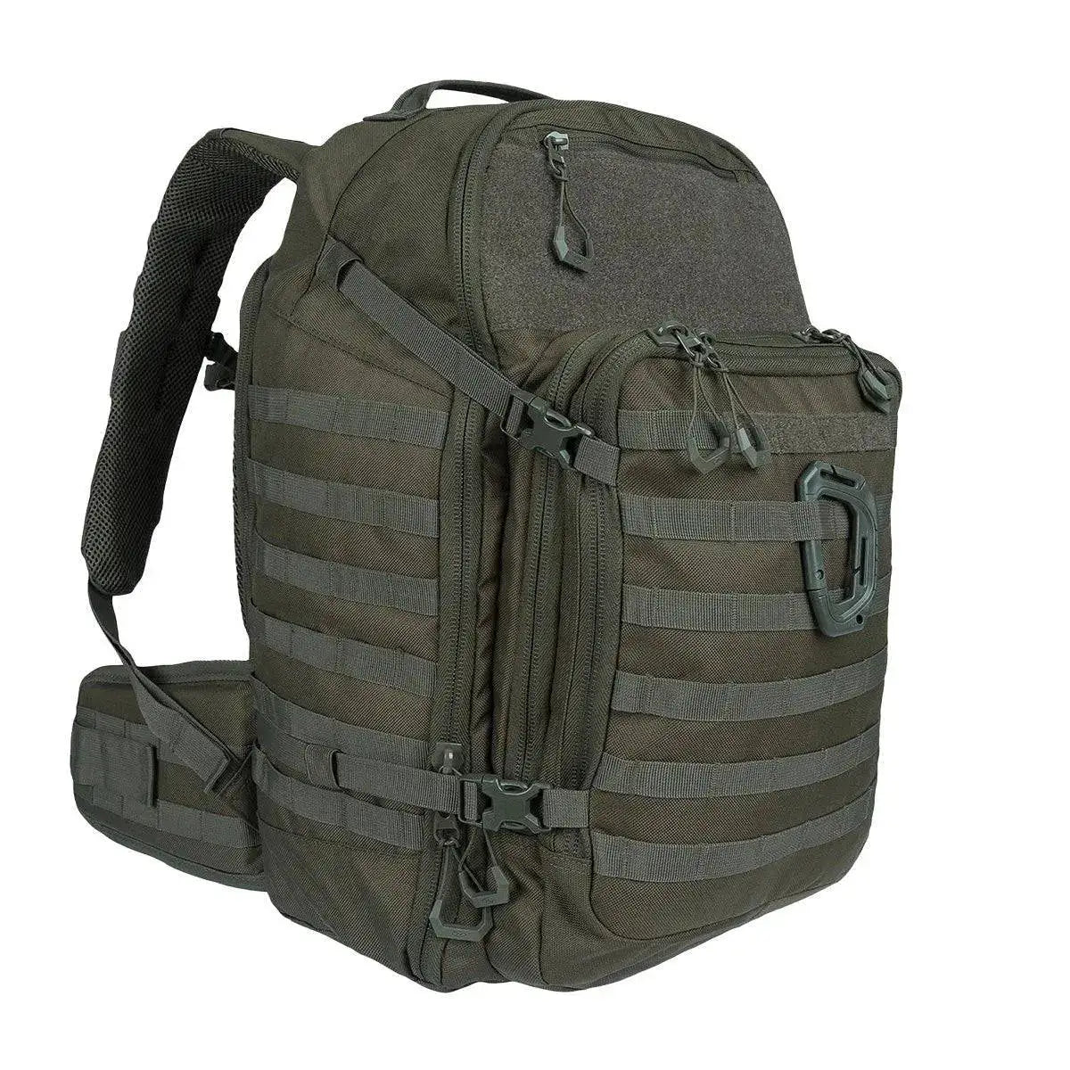 Highlander Harrier 35L Full Clamshell Pack in olive green with MOLLE webbing, padded straps, and a waist belt for tactical and outdoor use. from John Bull Clothing