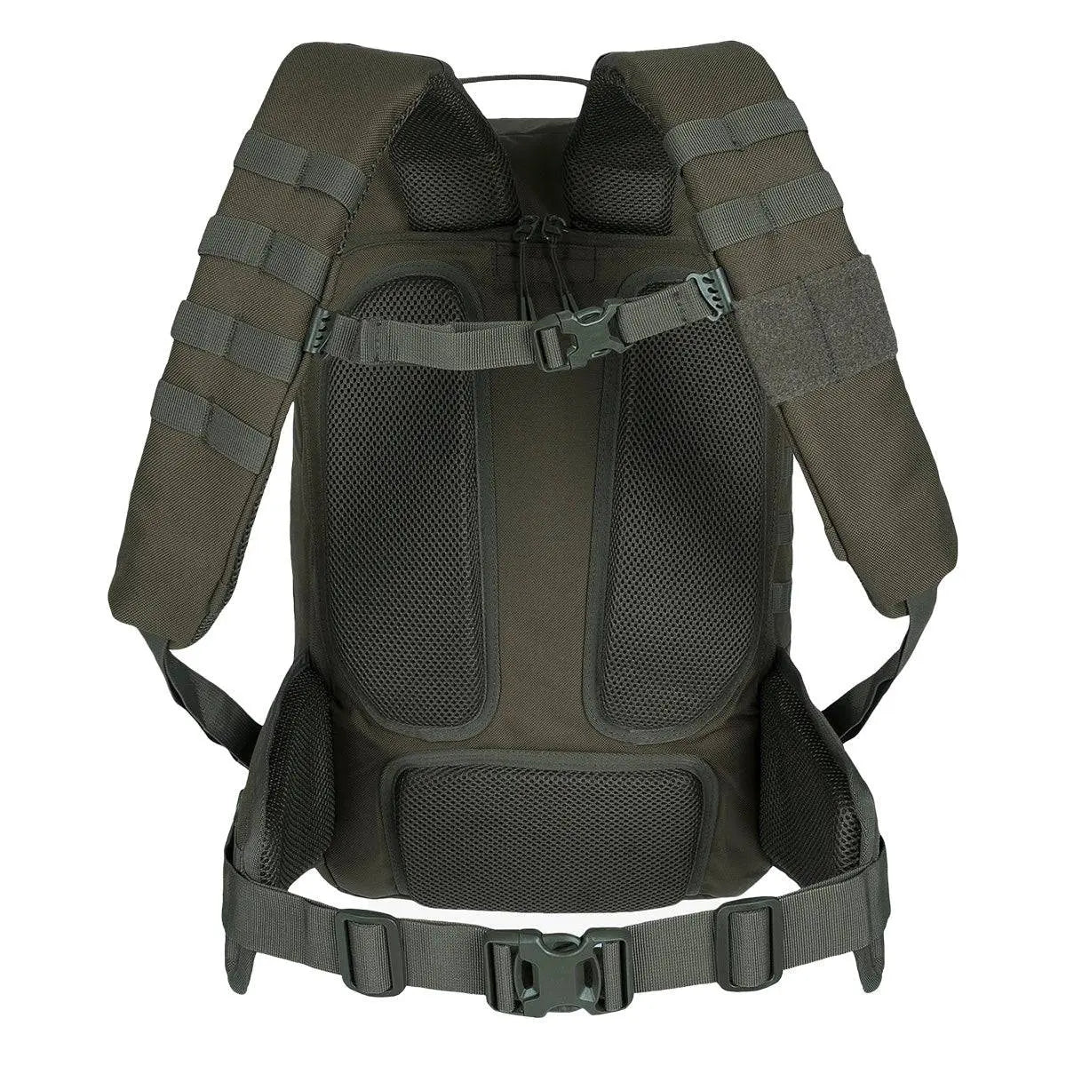 Back view of Highlander Harrier 35L Full Clamshell Pack in olive green, featuring padded shoulder straps, chest strap, and ventilated back support.