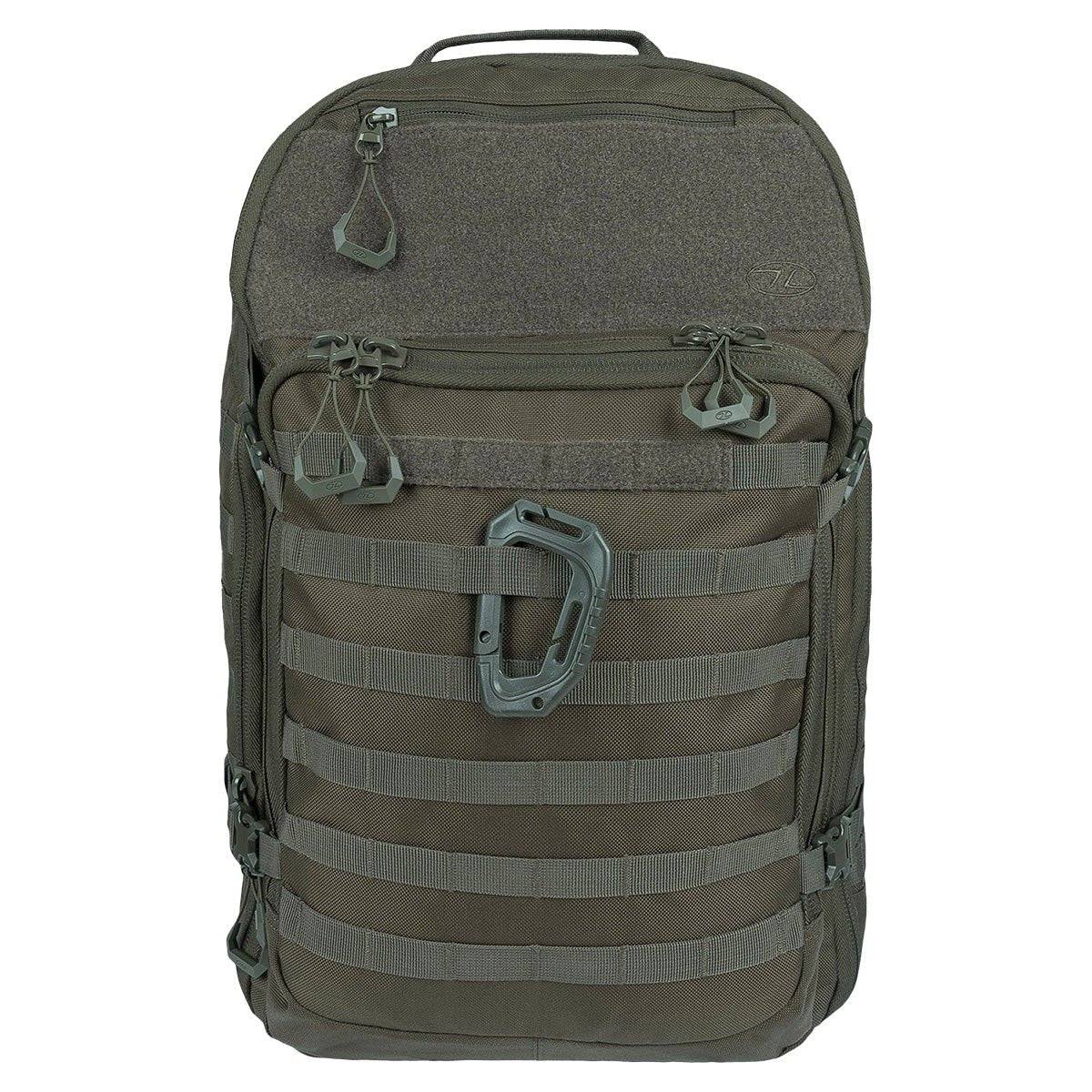 Front view of Highlander Harrier 35L Full Clamshell Pack in olive green with MOLLE webbing, multiple zippered compartments, and a tactical carabiner.