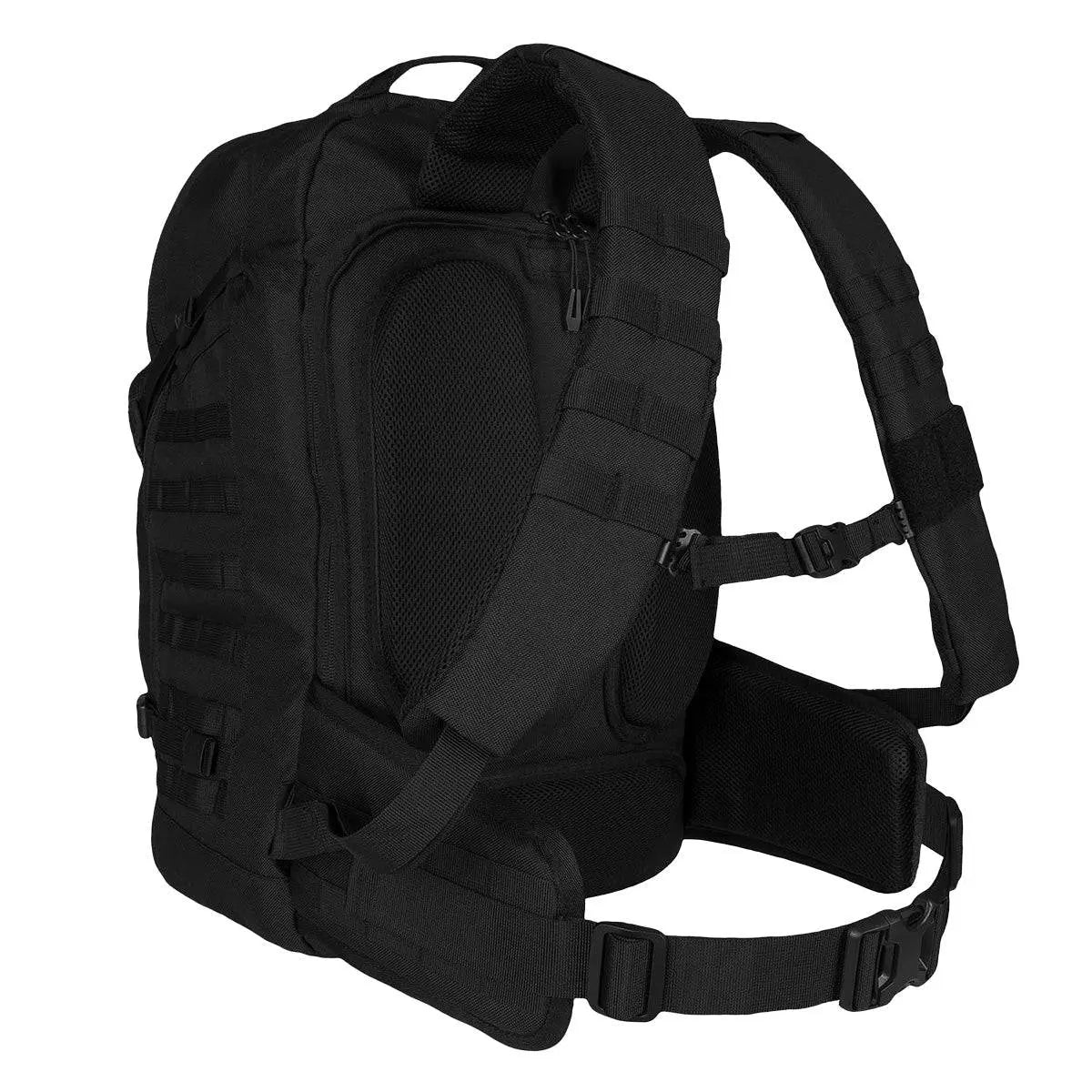 Side view of the black Highlander Harrier 45L Clamshell Backpack, highlighting ergonomic shoulder straps, MOLLE webbing, and padded back support.