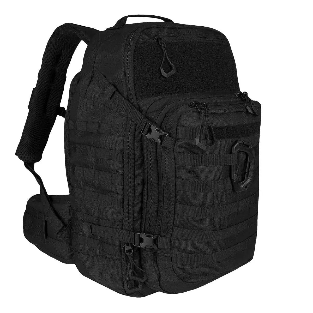 Highlander Harrier 45L Clamshell Backpack in black with MOLLE webbing, multiple compartments, and padded shoulder straps for outdoor adventures.