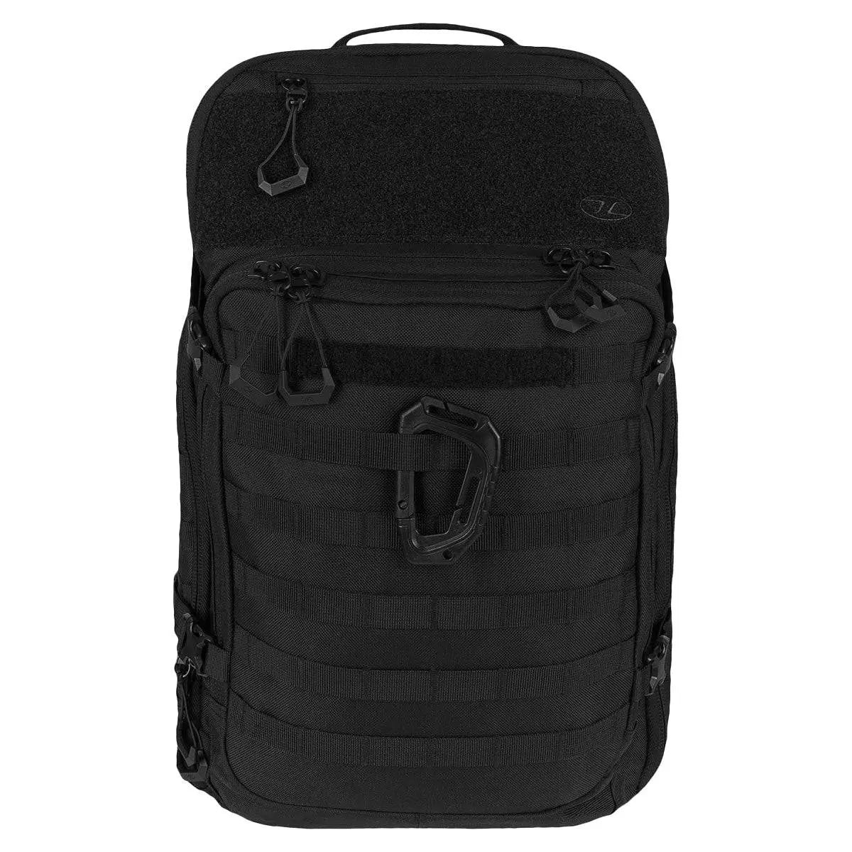Black Highlander Harrier 45L Clamshell Backpack with MOLLE webbing, durable zippers, and a tactical design for hiking, travel, and outdoor adventures.