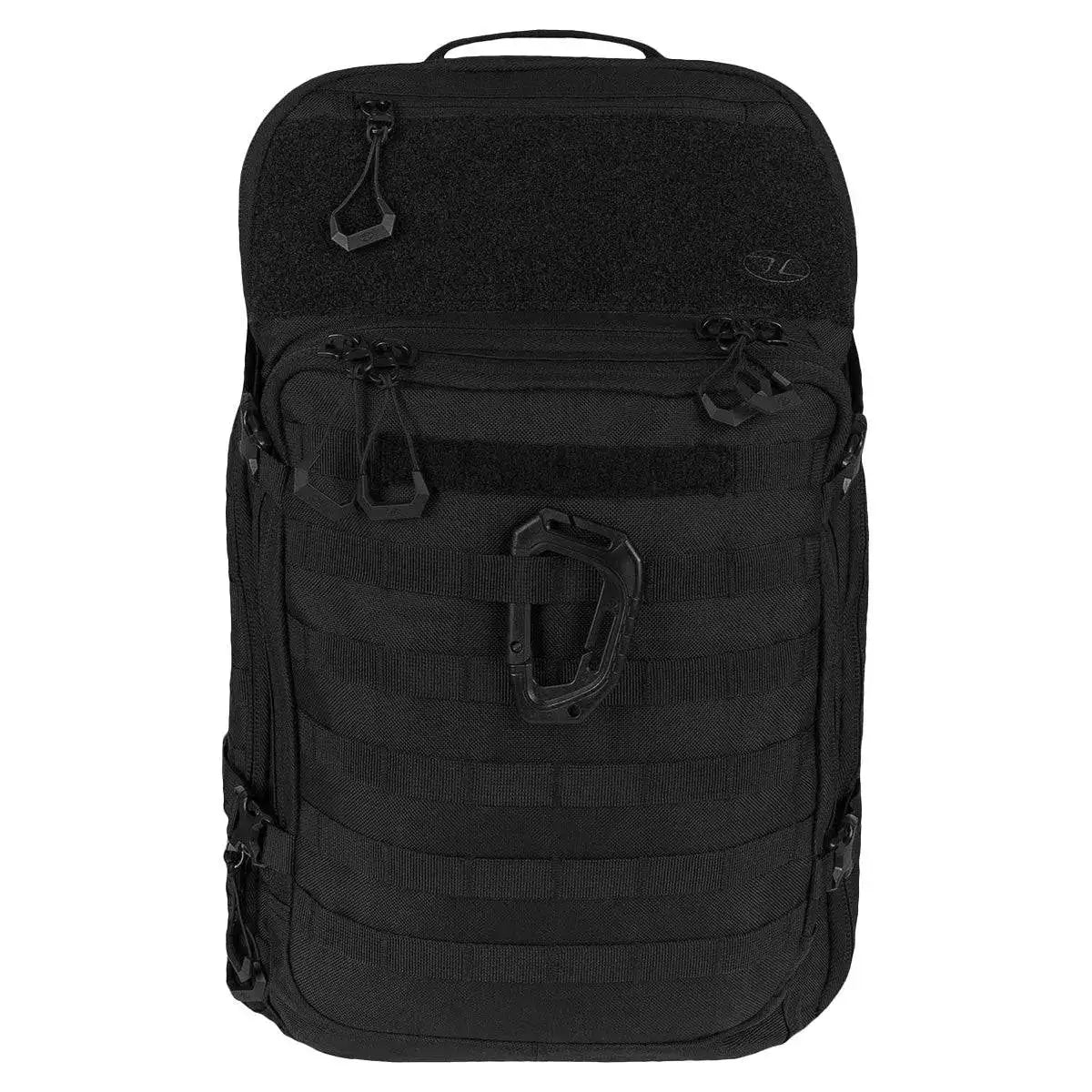 Black Highlander Harrier 45L Clamshell Backpack with MOLLE webbing, durable zippers, and a tactical design for hiking, travel, and outdoor adventures. Black from John Bull Clothing