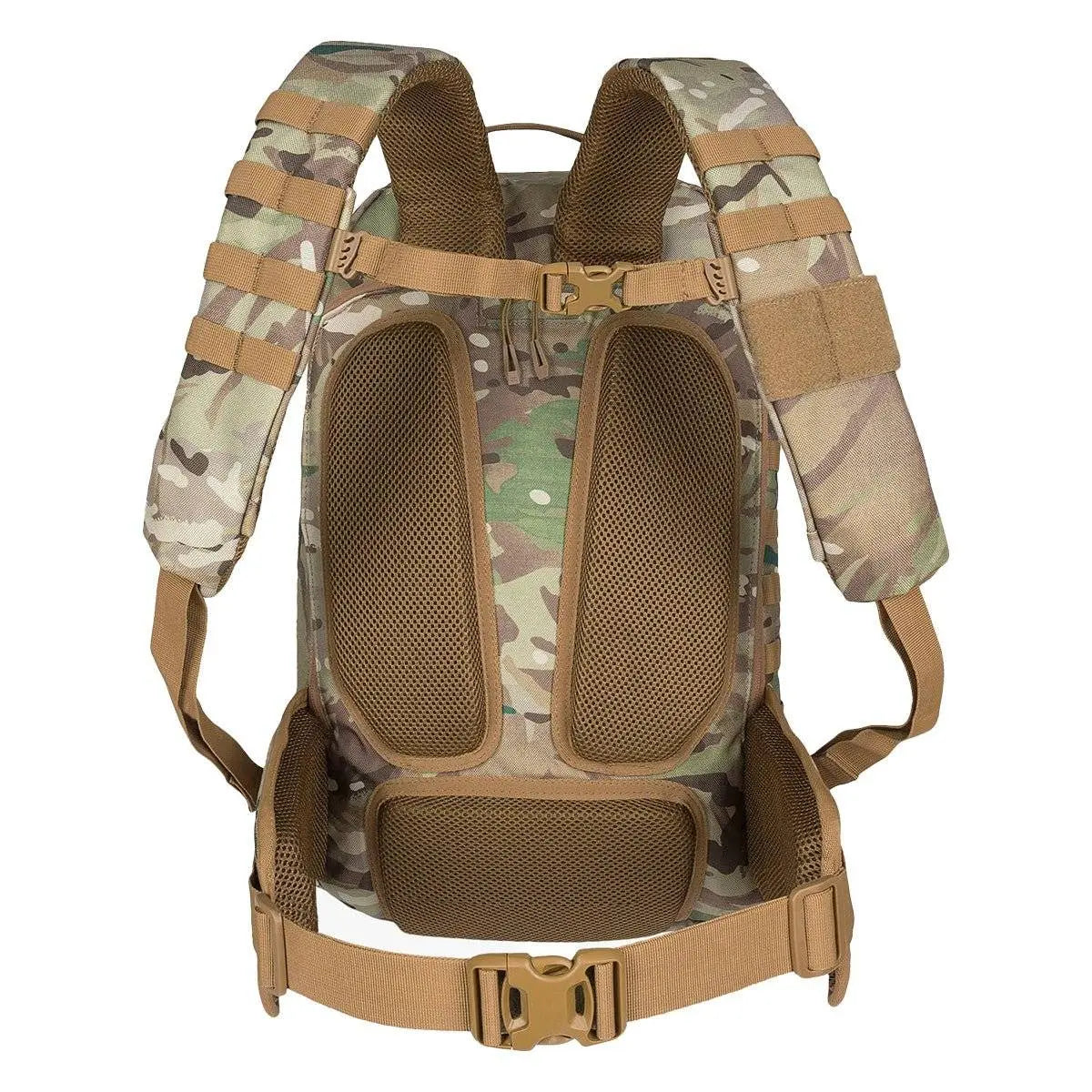 Back view of the Highlander Harrier 45L Clamshell Backpack in camouflage, showing padded shoulder straps, breathable back panel, and waist support.