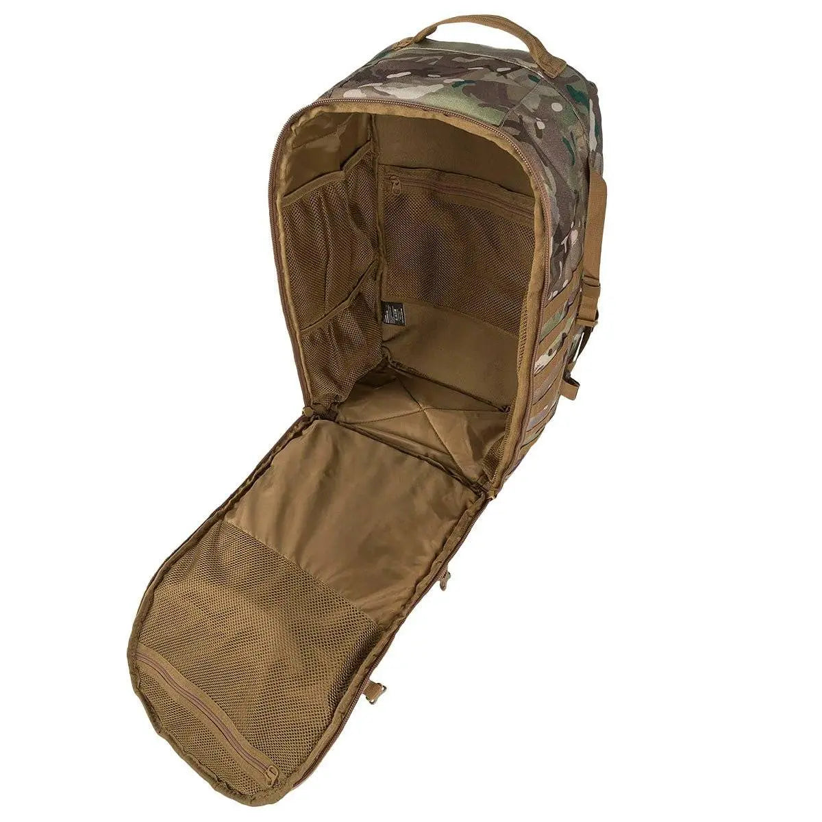 Highlander Harrier 45L Clamshell Backpack fully opened, revealing spacious compartments, mesh pockets, and an organized interior for easy packing.