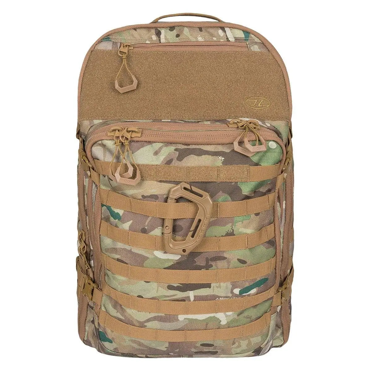 Highlander Harrier 45L Clamshell Backpack in camouflage pattern, featuring MOLLE webbing, durable zippers, and a tactical design for outdoor use.