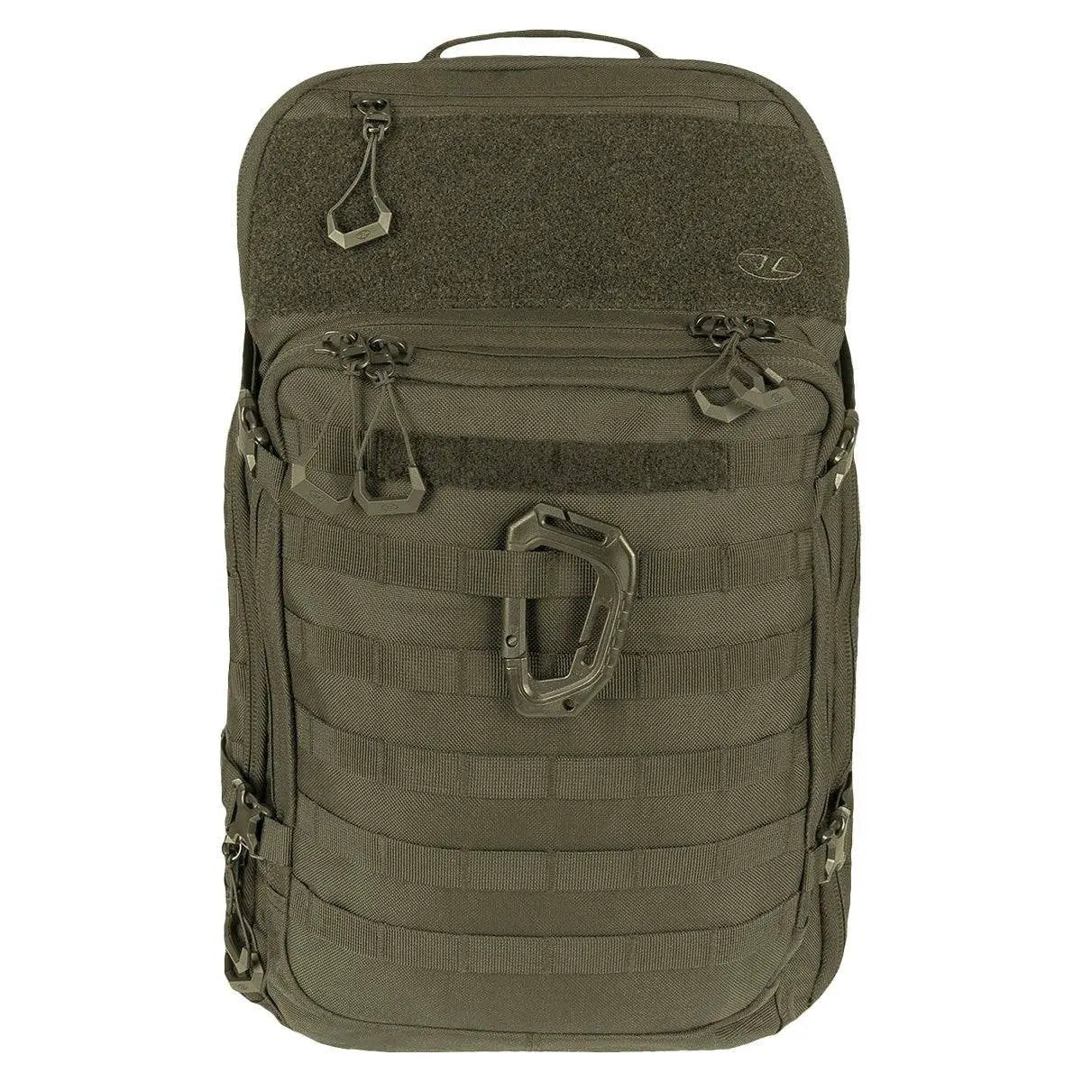 Olive green Highlander Harrier 45L Clamshell Backpack with MOLLE webbing, multiple compartments, and a rugged tactical design for outdoor activities.