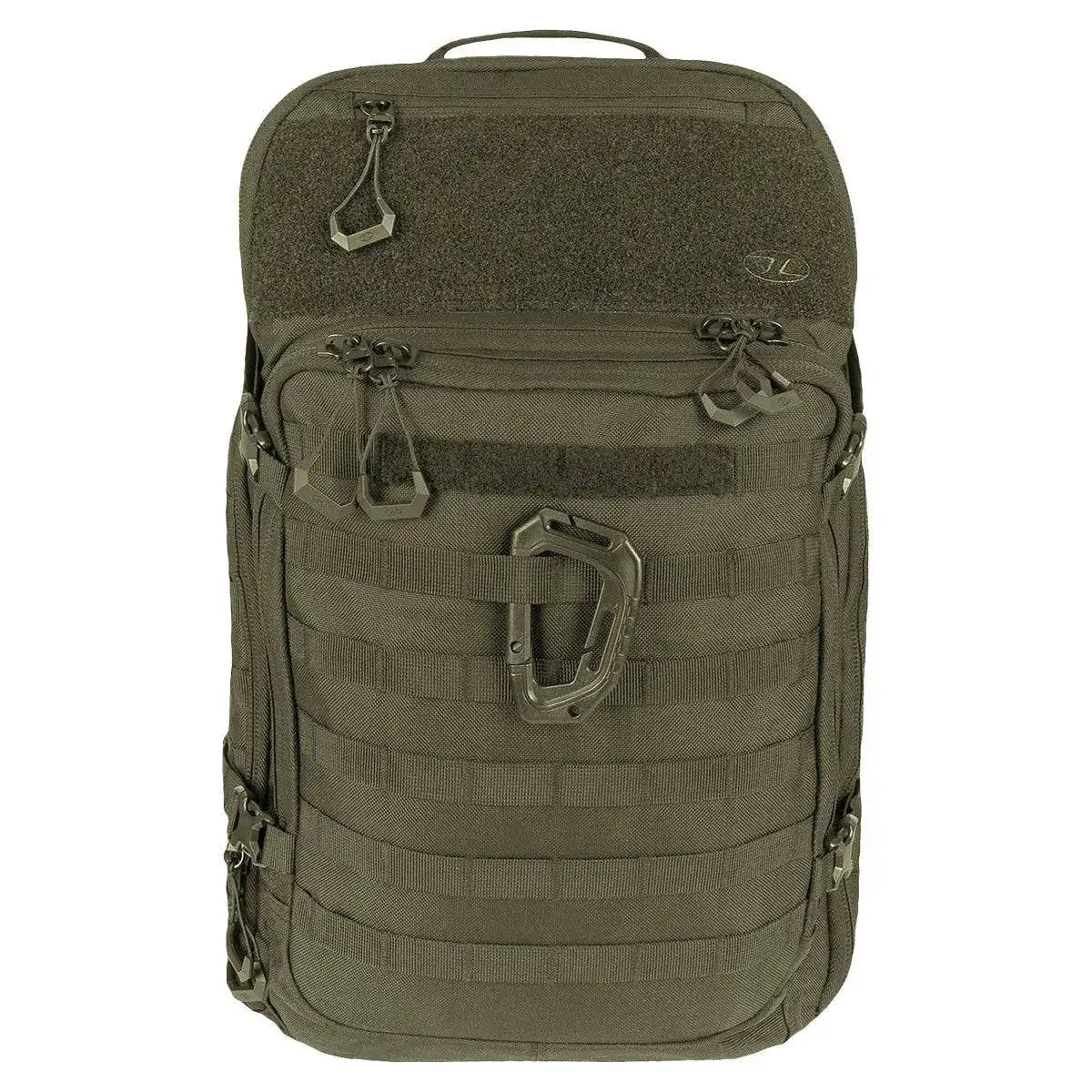 Olive green Highlander Harrier 45L Clamshell Backpack with MOLLE webbing, multiple compartments, and a rugged tactical design for outdoor activities. Ranger Green from John Bull Clothing