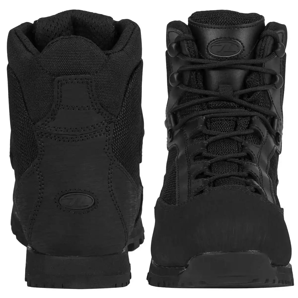Front and rear views of Highlander Pentland Black Military Boot highlighting ankle support and durable construction for outdoor activities. from John Bull Clothing
