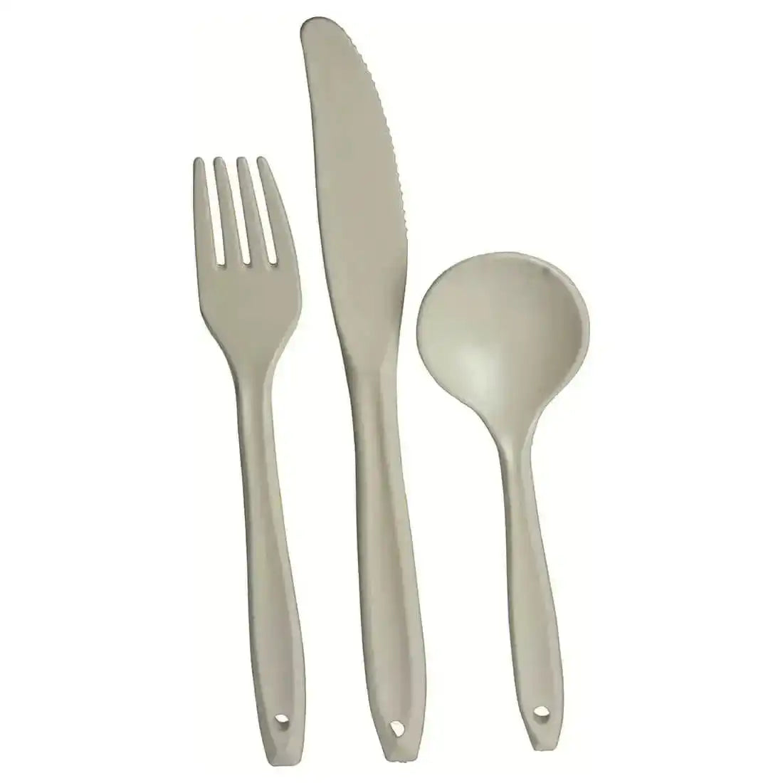 Highlander Polycarbonate Knife Fork Spoon Set in grey, durable and lightweight for camping and outdoor dining. Ideal KFS set for hiking cookware kits. from John Bull Clothing