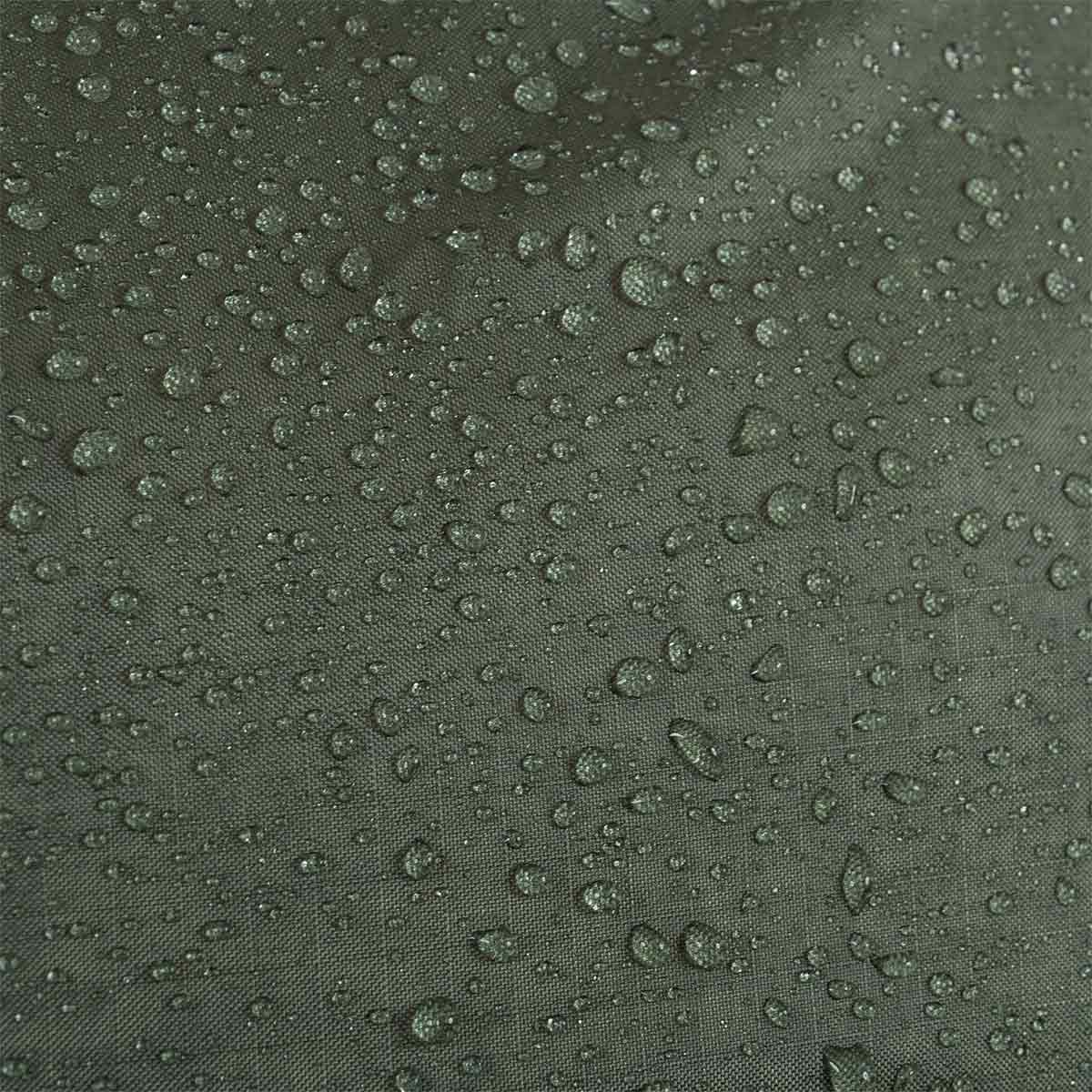 Close-up of the Highlander Rucksack Cover 80-90L in Olive Green with water droplets, showcasing its waterproof material for ultimate weather protection.
