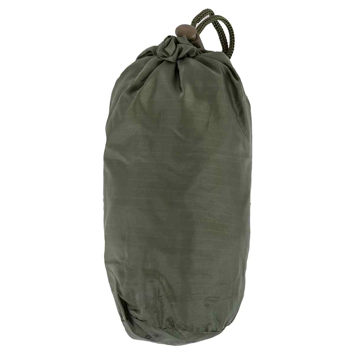 Highlander Rucksack Cover 80-90L in Olive Green packed into a compact drawstring pouch for easy storage and portability during outdoor adventures.