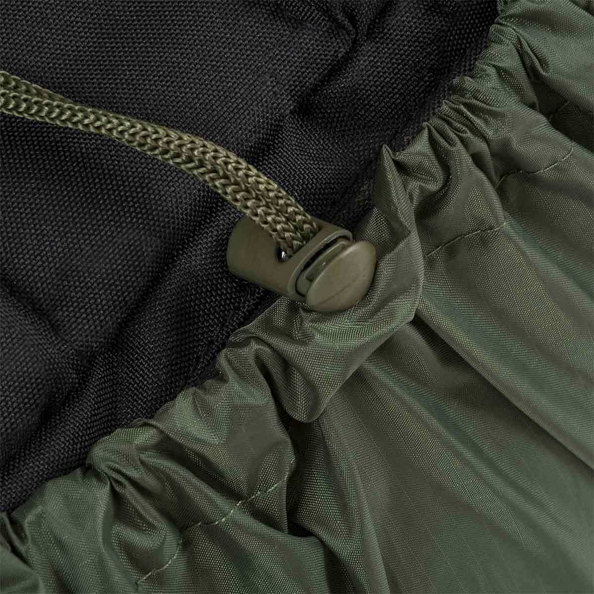 Detailed view of the Highlander Rucksack Cover 80-90L in Olive Green, highlighting the secure drawstring closure for a snug fit on large backpacks.
