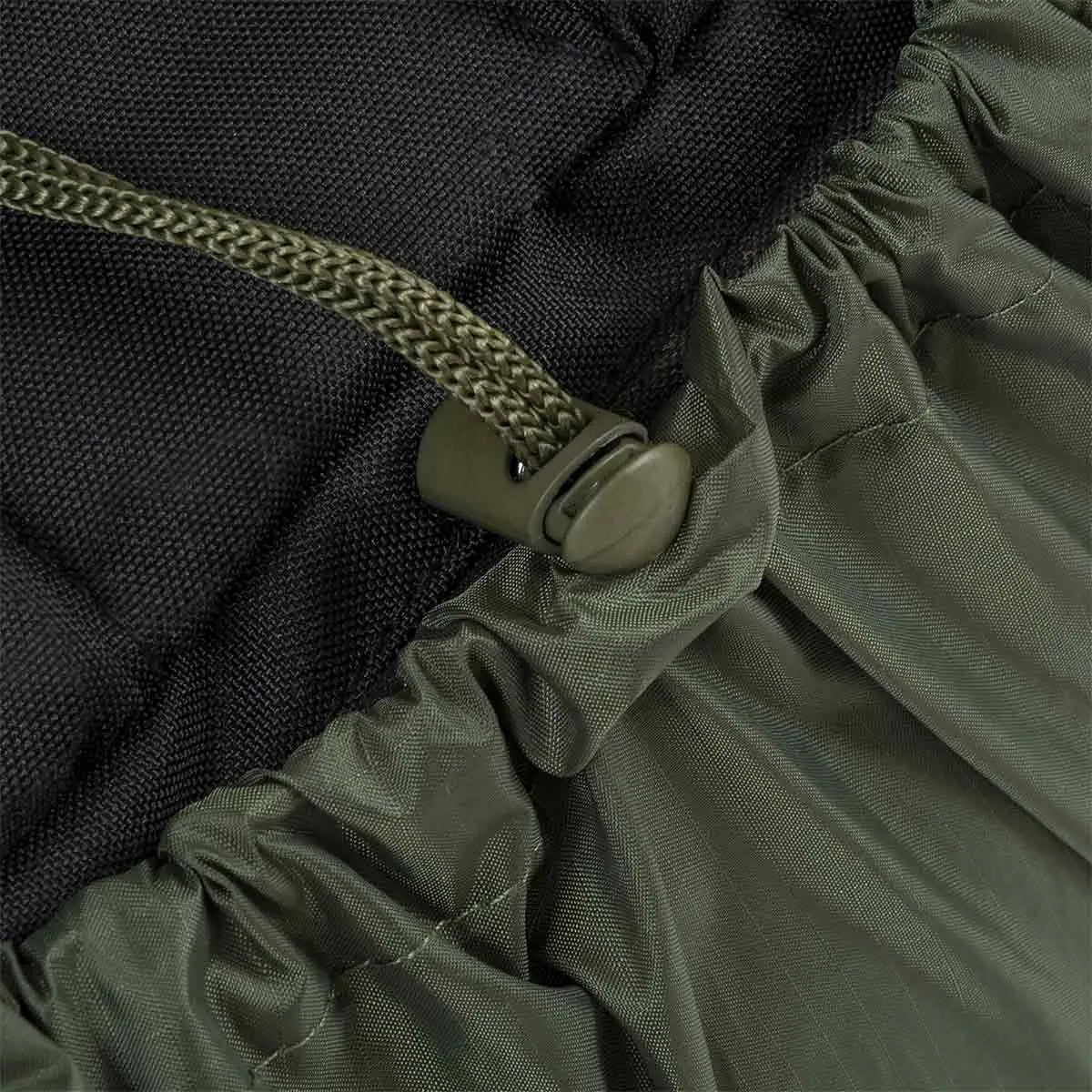 Detailed view of the Highlander Rucksack Cover 80-90L in Olive Green, highlighting the secure drawstring closure for a snug fit on large backpacks. from John Bull Clothing