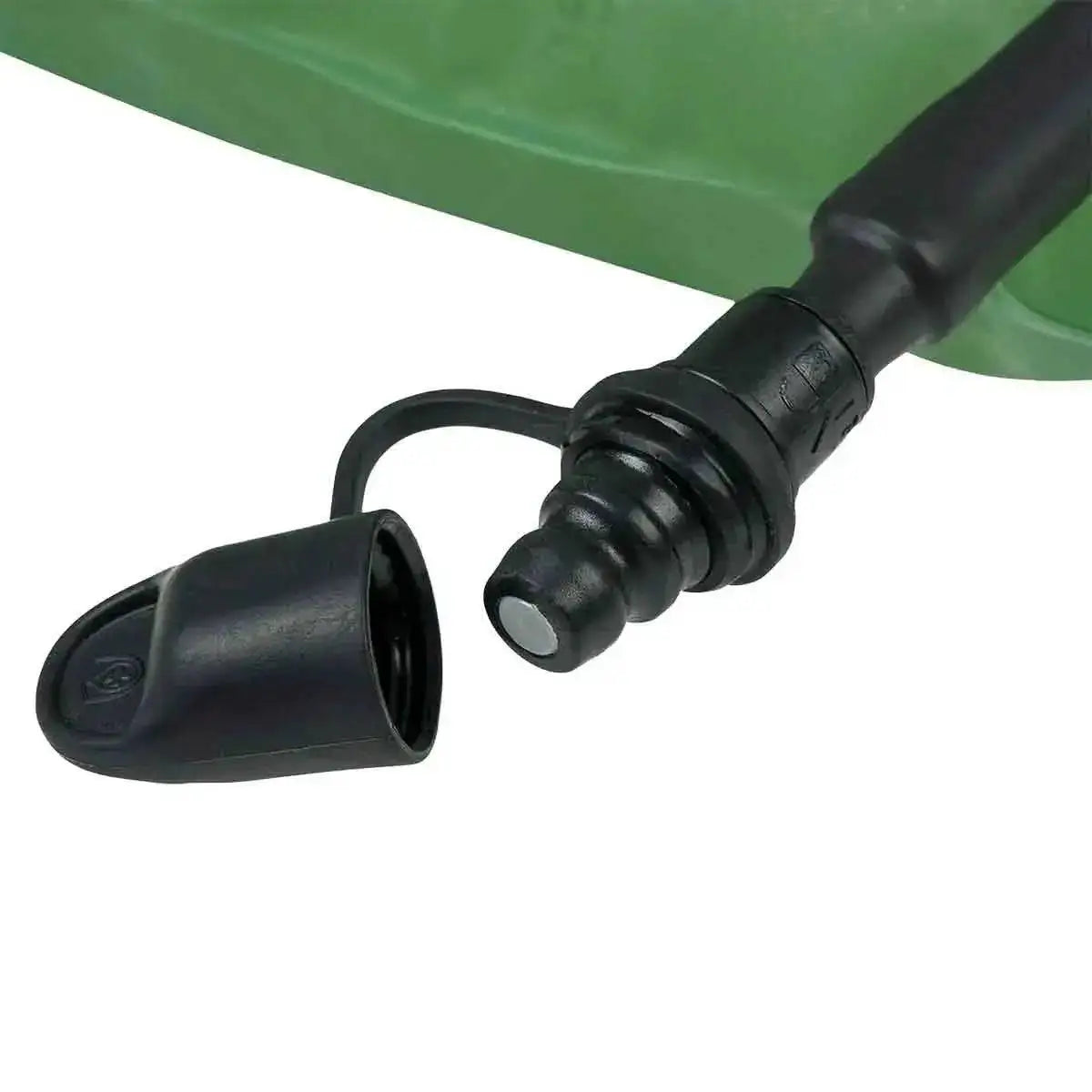 Close-up of the Highlander SL Military Hydration Bladder's bite valve with a protective cap, ensuring leak-proof hydration on the go. from John Bull Clothing