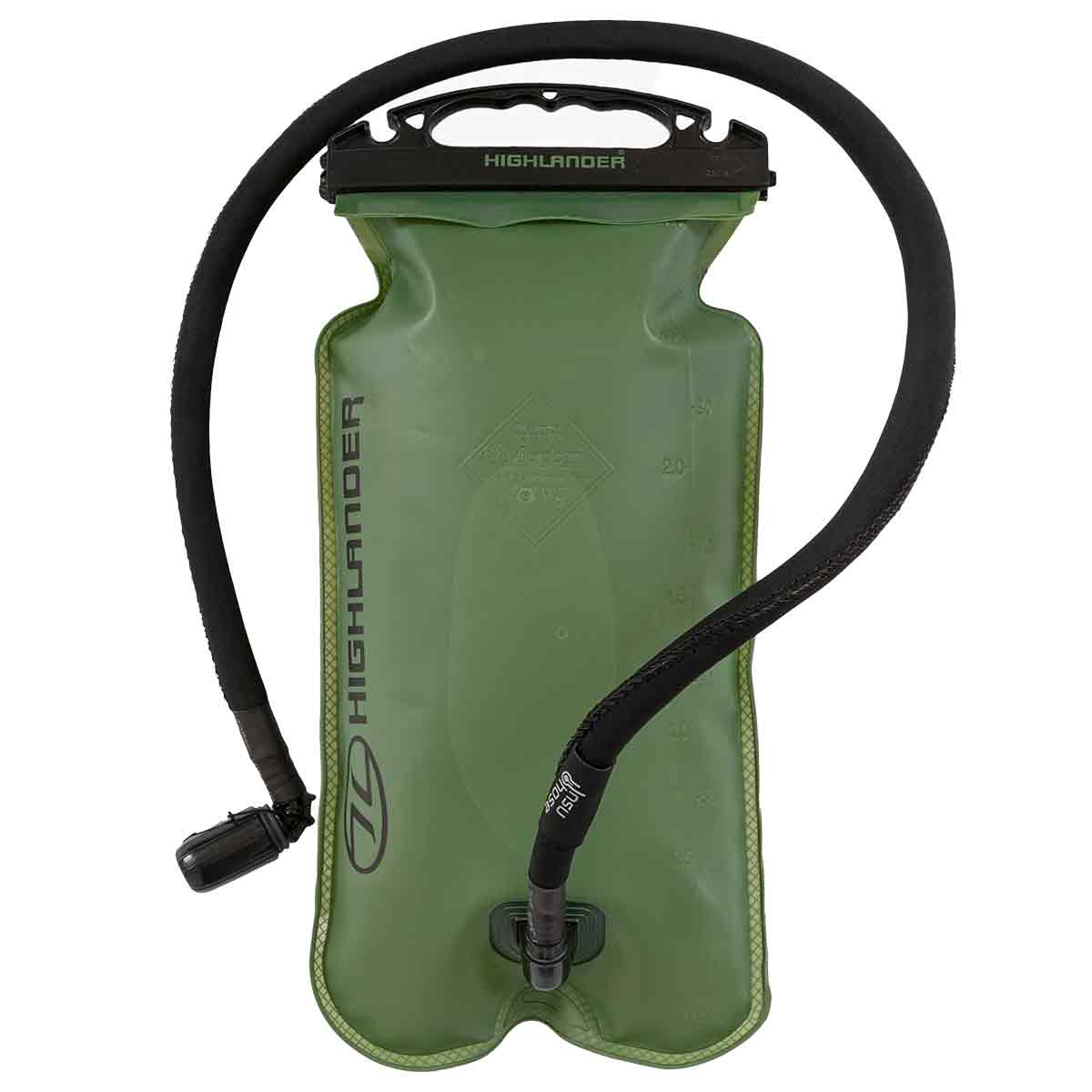 Highlander SL Military Hydration Bladder in green with a black insulated drinking tube and bite valve, designed for outdoor and tactical use.