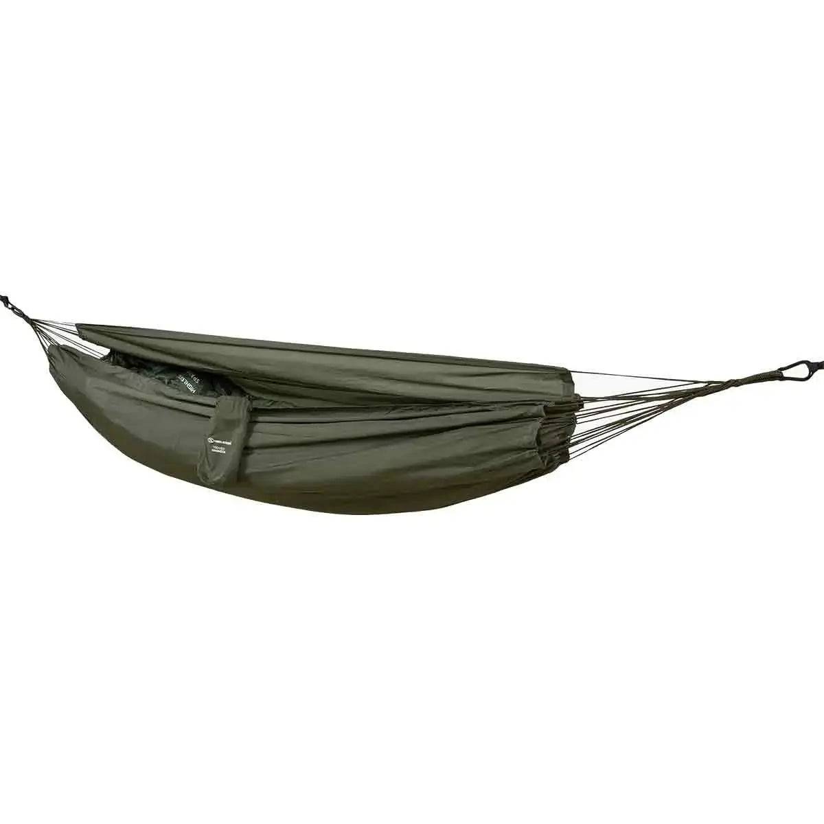 Highlander Trekker Hammock in Olive Green, designed for outdoor camping and hiking. Made from durable polyamide, lightweight, and easy to set up.