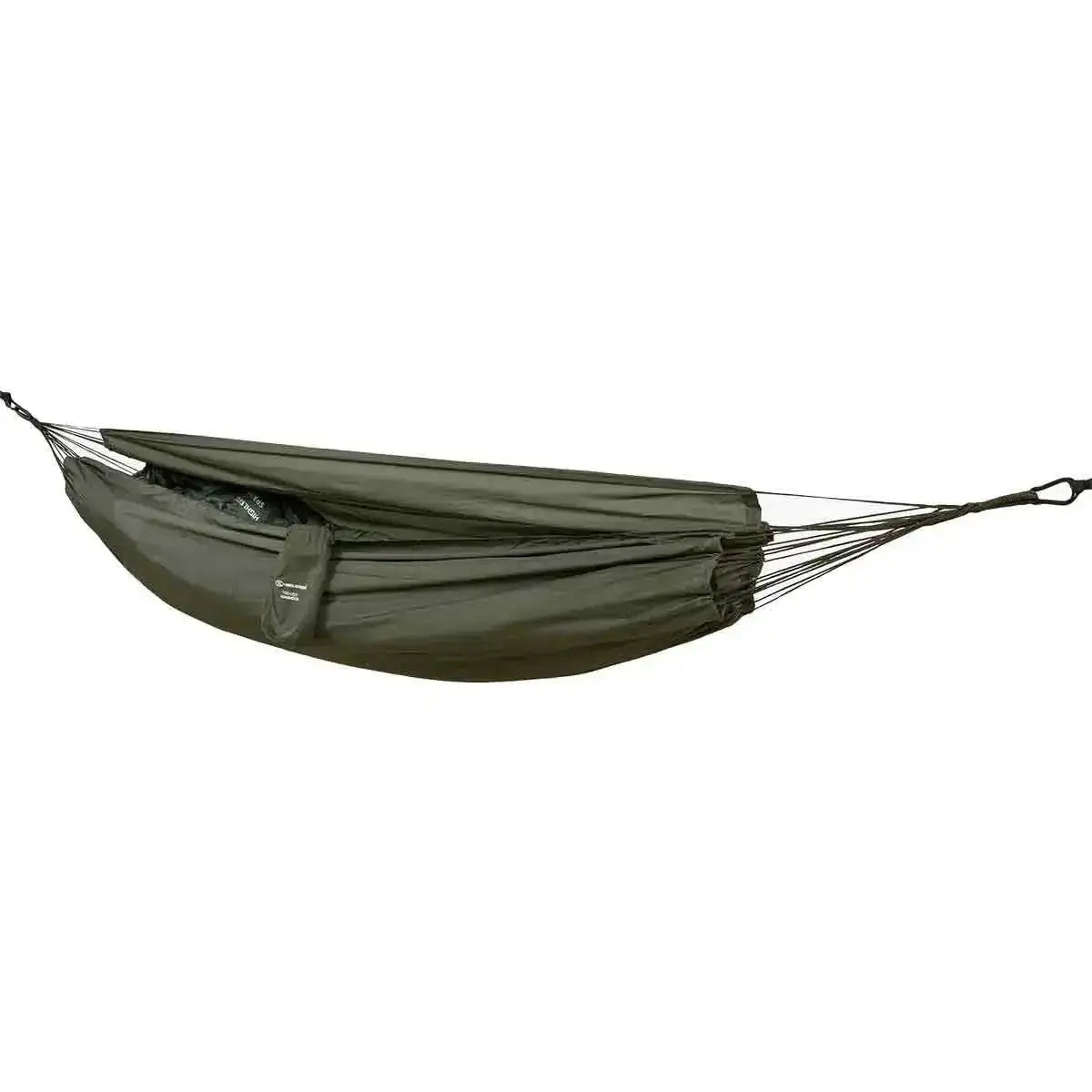 Highlander Trekker Hammock in Olive Green, designed for outdoor camping and hiking. Made from durable polyamide, lightweight, and easy to set up. from John Bull Clothing