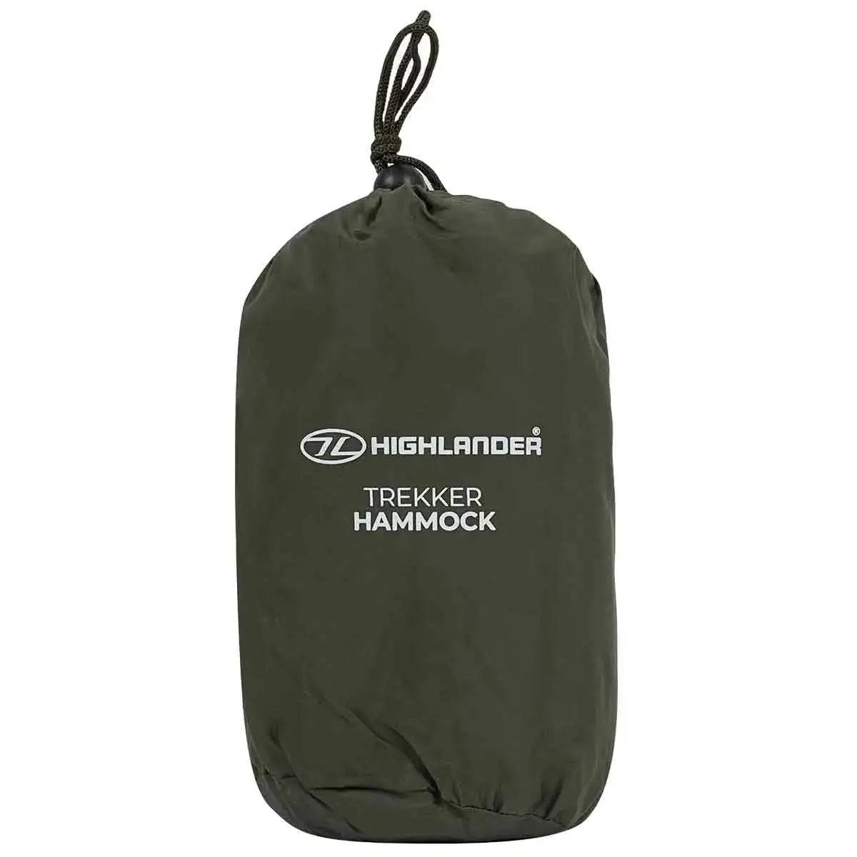 Highlander Trekker Hammock packed in its compact olive green carry bag with drawstring closure, ideal for camping and outdoor adventures.