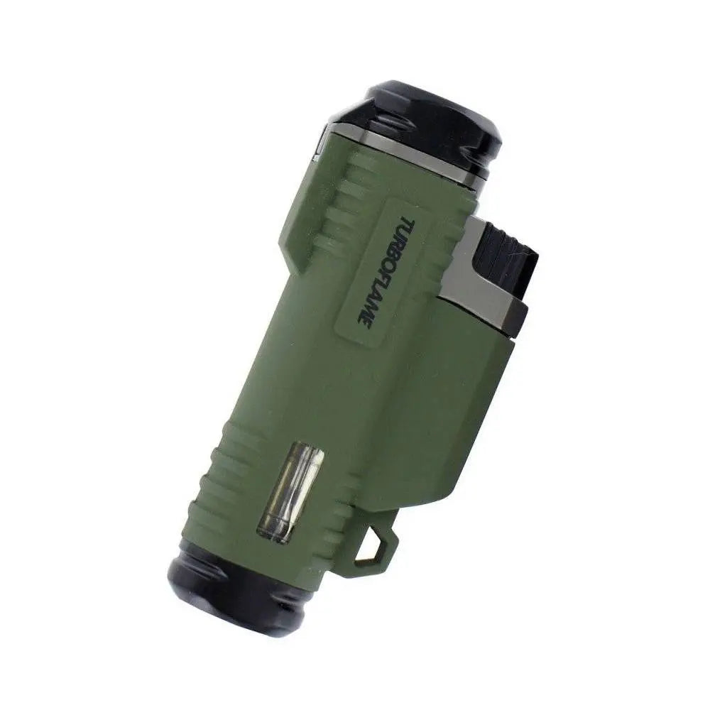Highlander Turboflame Twinflame Lighter in green with a rugged design. Features a fuel level window and windproof twin flames for outdoor adventures.