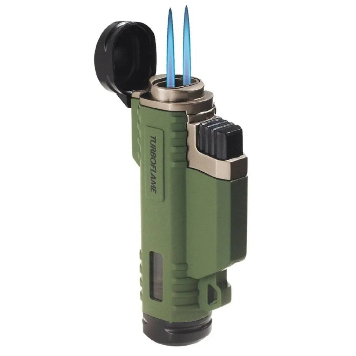 Highlander Turboflame Twinflame Lighter with dual blue jet flames, designed for outdoor use. Windproof and refillable, ideal for camping and hiking.