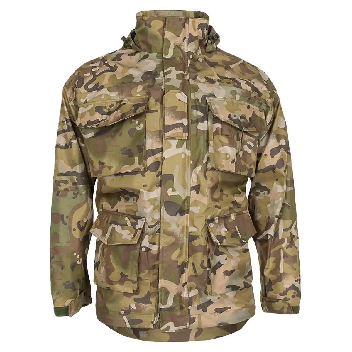 Highlander Typhoon Waterproof Jacket HMTC with multi-terrain camouflage, featuring multiple pockets and a durable design for outdoor protection. from John Bull Clothing