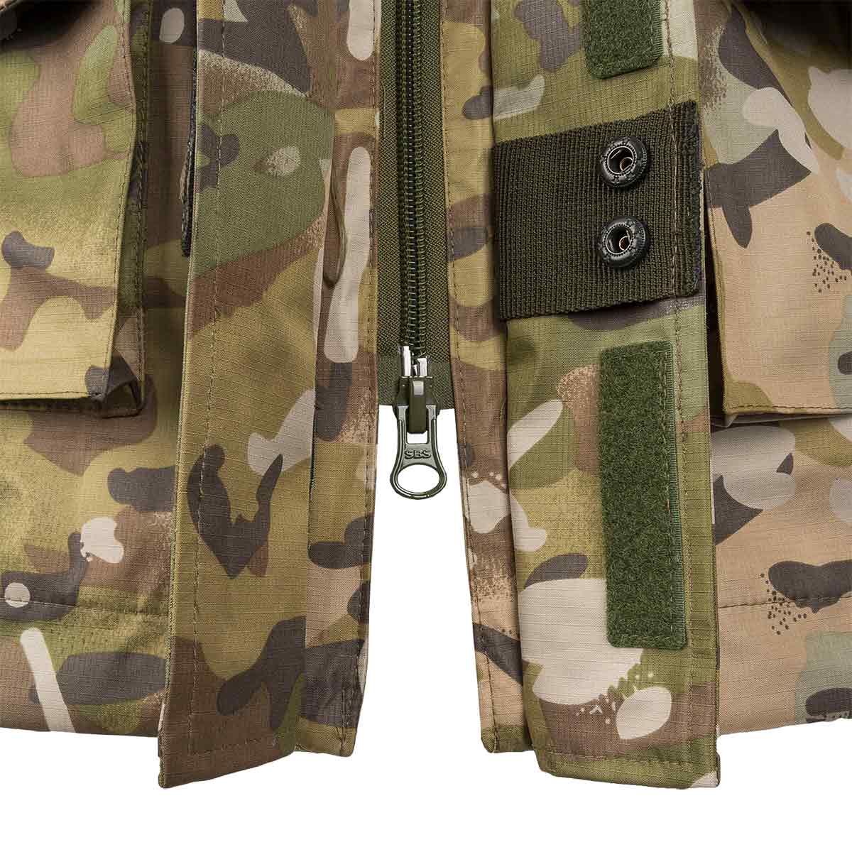 Close-up of Highlander Typhoon Waterproof Jacket HMTC zipper and button closure, highlighting its durable and secure fastening system.