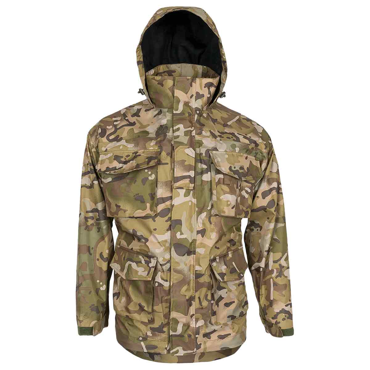 Highlander Typhoon Waterproof Jacket HMTC with hood up, showcasing its lightweight, weather-resistant material and tactical camouflage pattern.