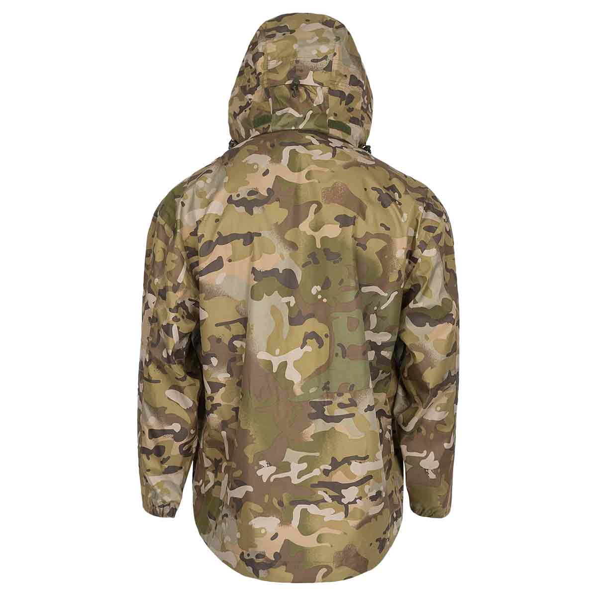Back view of Highlander Typhoon Waterproof Jacket HMTC, displaying its full-length hood and multi-terrain camouflage for tactical use.