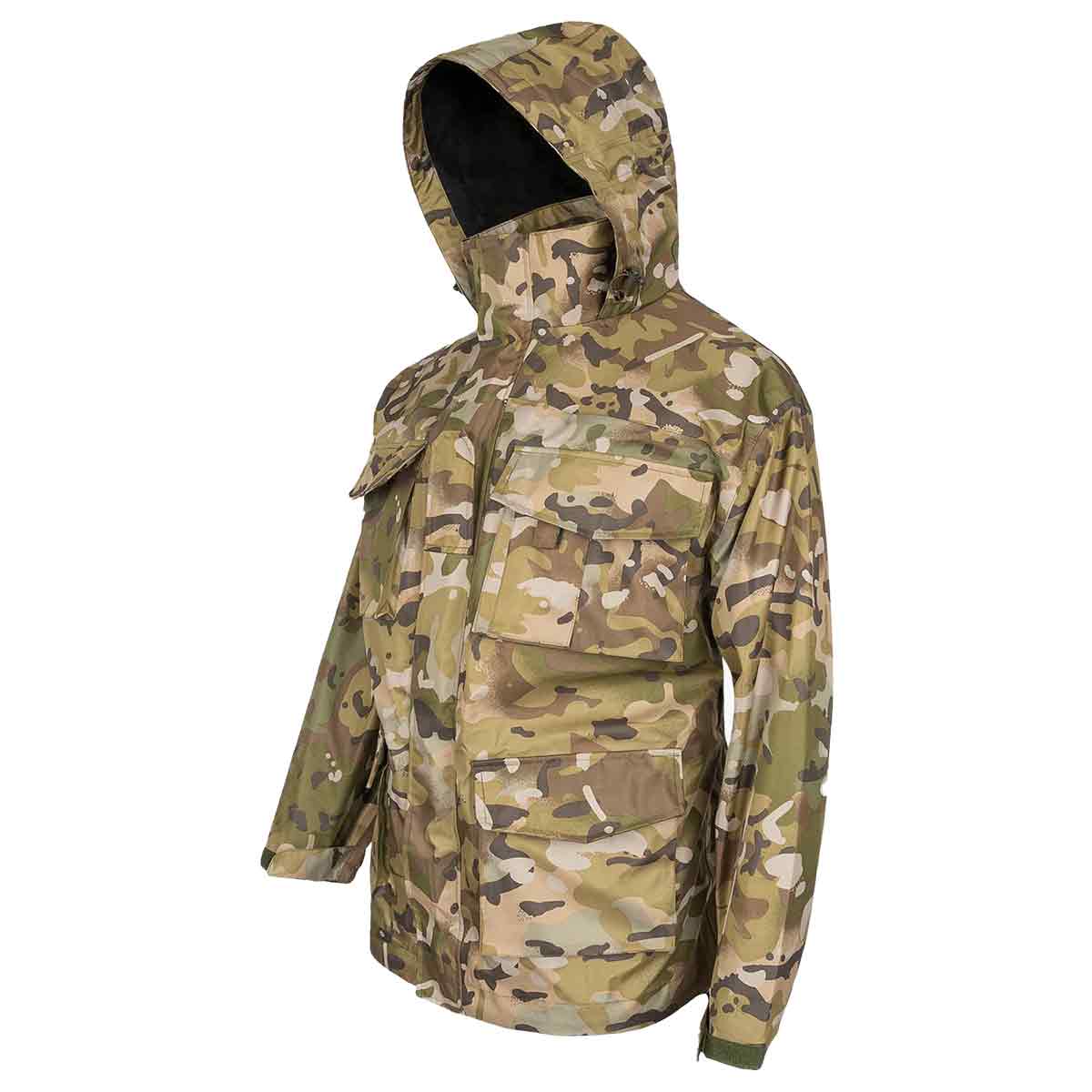 Angled side view of Highlander Typhoon Waterproof Jacket HMTC with hood up, emphasizing its rugged design and weather-resistant features.