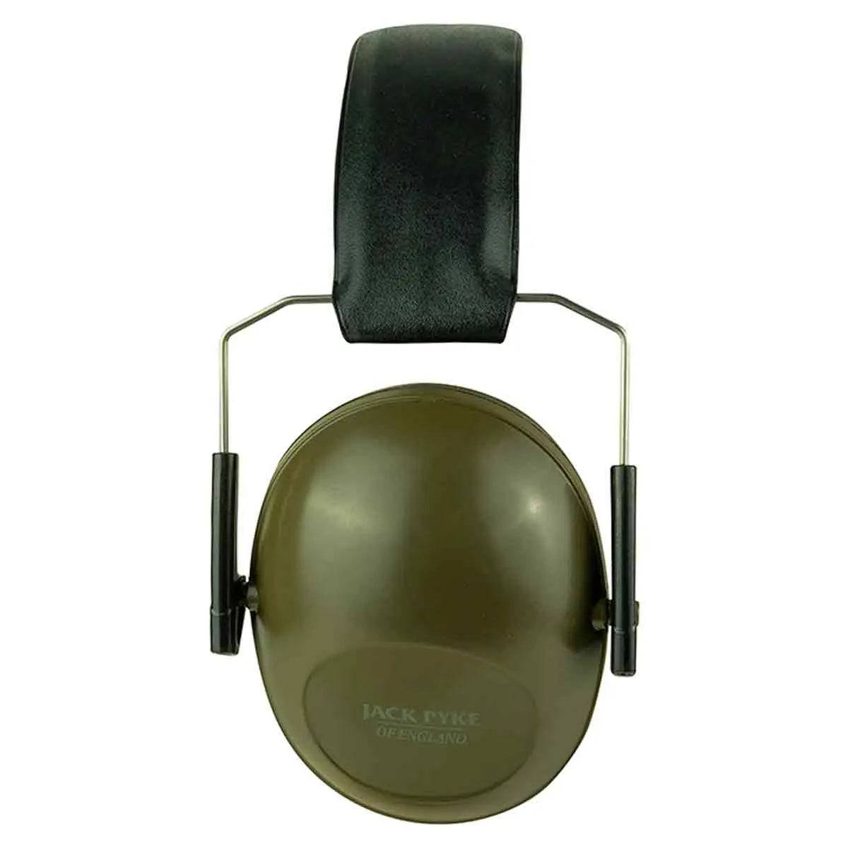 Side view of Jack Pyke Passive Ear Defenders with durable green ear cups and black padding, ideal for hearing protection in noisy environments.