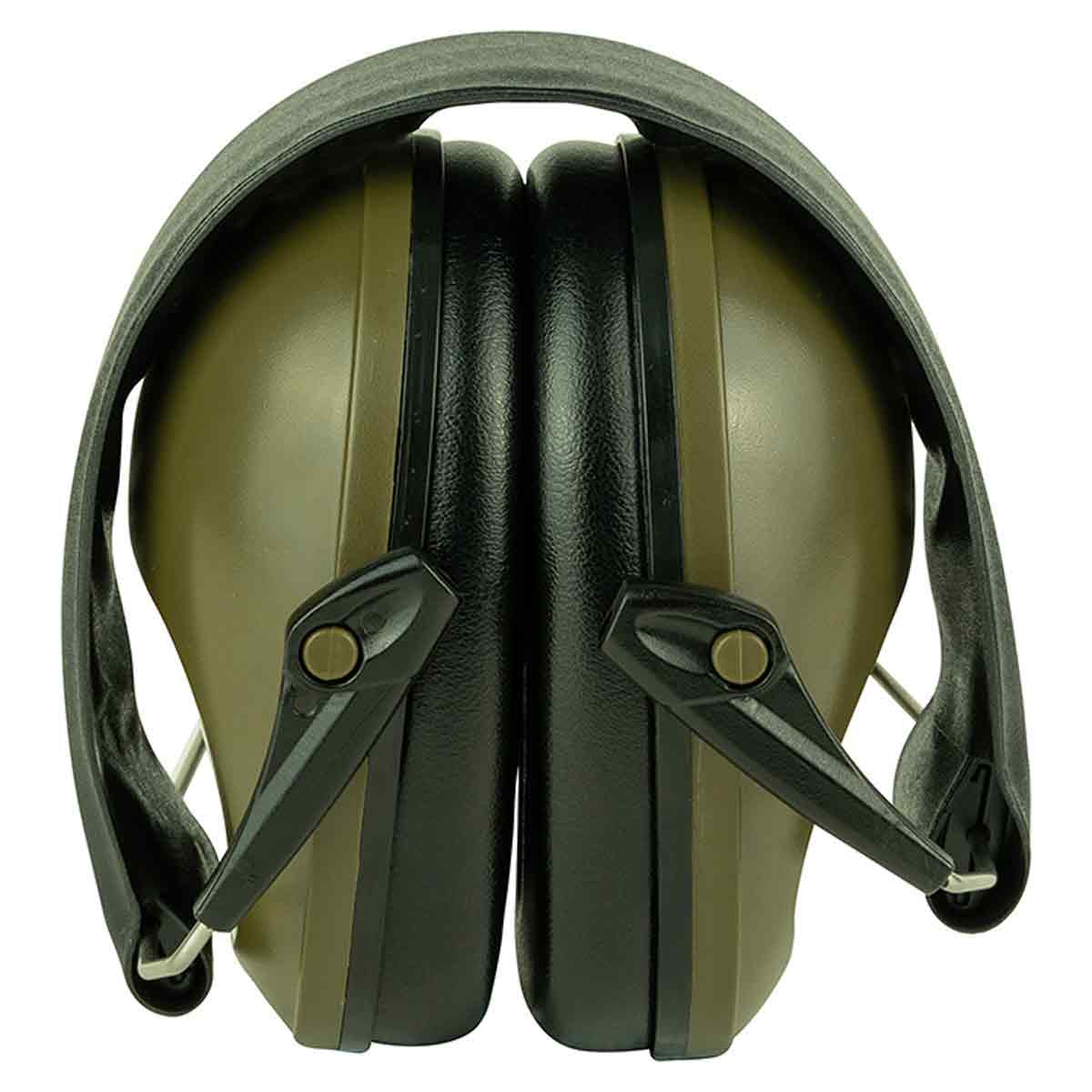 Foldable Jack Pyke Passive Ear Defenders in green, designed for compact storage and effective hearing protection in hunting and shooting activities.