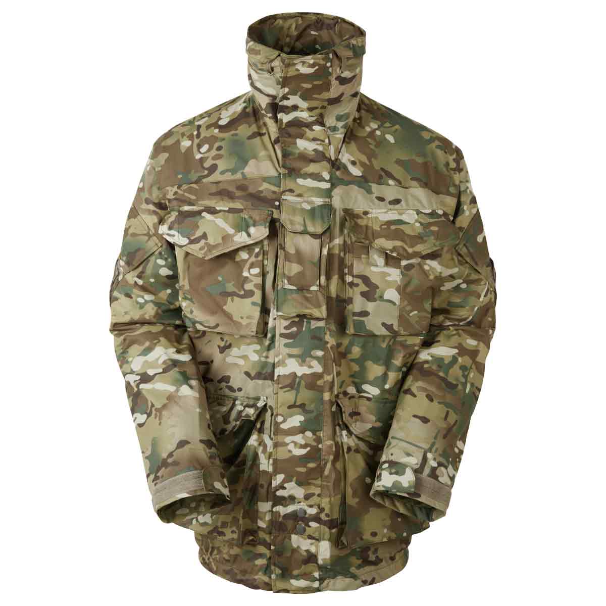 Keela Mk5 Waterproof Jacket MTC in Multicam pattern, designed for extreme outdoor conditions with a zip-away hood and large zip pullers.