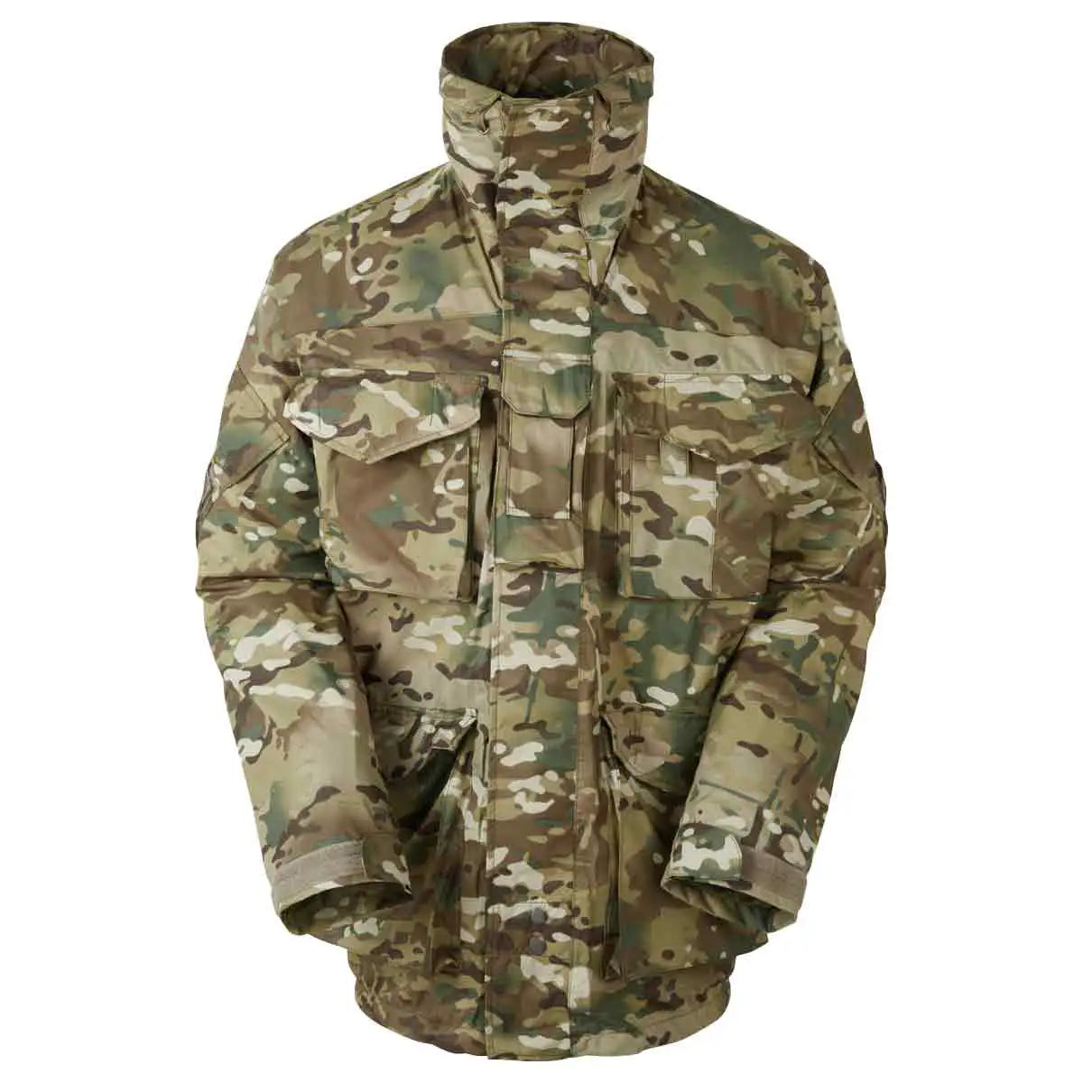 Keela Mk5 Waterproof Jacket MTC in Multicam pattern, designed for extreme outdoor conditions with a zip-away hood and large zip pullers. from John Bull Clothing