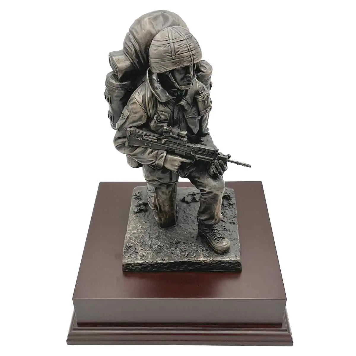 Kneeling Combat Figure with Beret | John Bull Clothing statue of a soldier in full gear kneeling with rifle on wooden base, ideal for military decor. from John Bull Clothing
