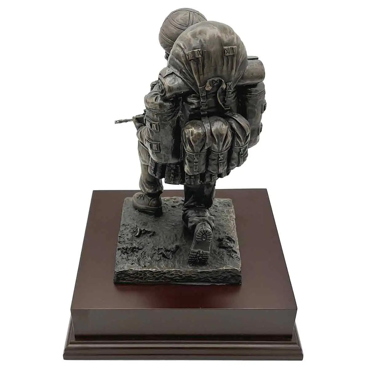 Rear view of Kneeling Combat Figure with Beret statue highlighting detailed gear and tactical backpack, great for military-themed decor. from John Bull Clothing