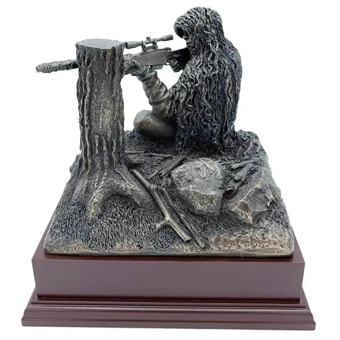 Side angle of Kneeling Sniper Bronze Resin Figurine with realistic terrain and rifle details, ideal for collectors of army statues and military artwork. from John Bull Clothing