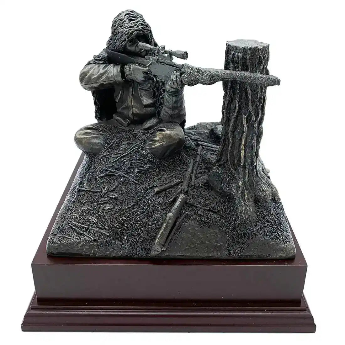 Kneeling Sniper Bronze Resin Figurine | John Bull Clothing features a camouflaged sniper aiming from behind a tree stump, mounted on a rosewood base. from John Bull Clothing
