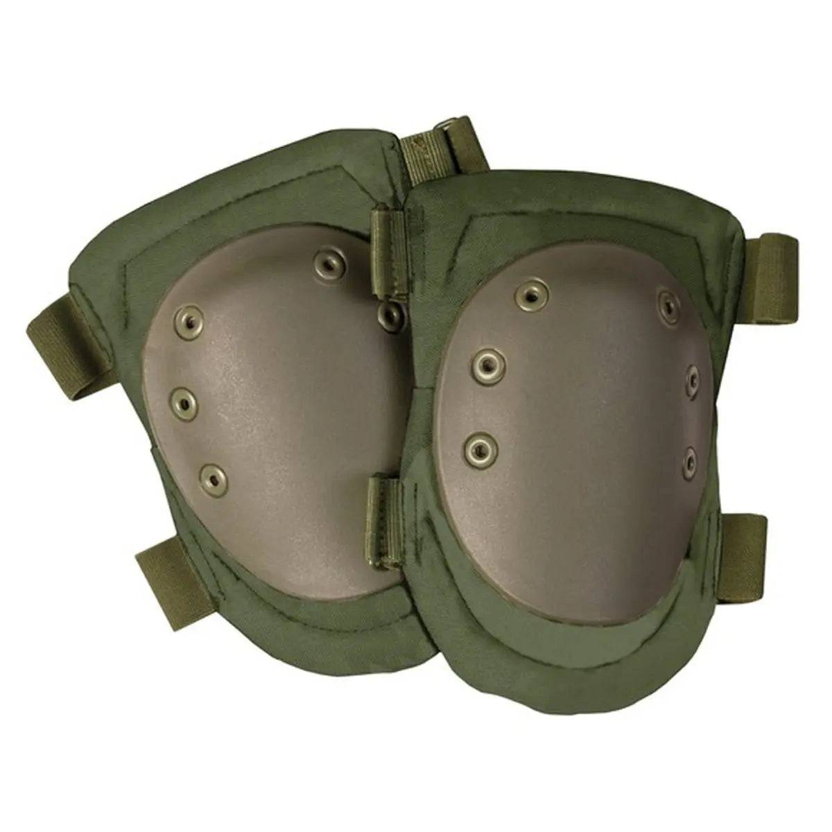 Kombat Airsoft Armoured Knee Pads in olive green with hard shell protection and adjustable straps, designed for tactical and outdoor activities.