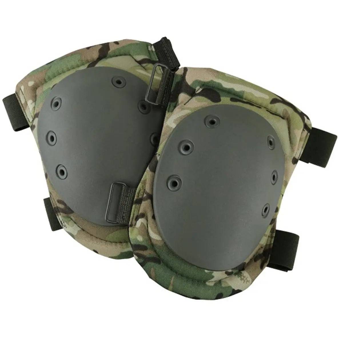 Kombat Airsoft Armoured Knee Pads in camouflage design with reinforced hard shell protection and adjustable straps for secure fit during airsoft battles.