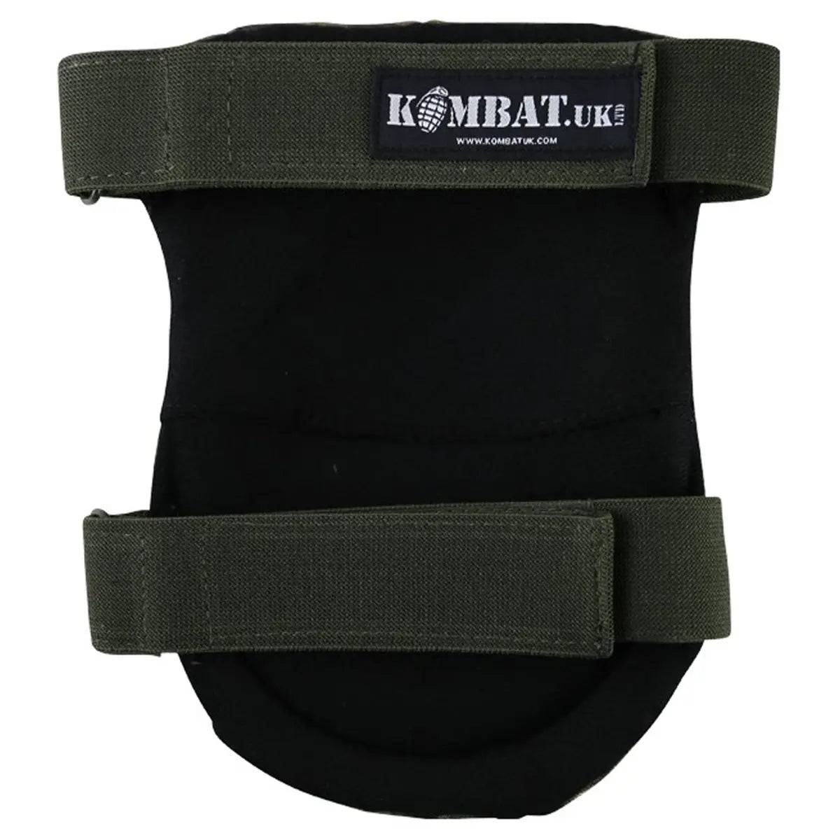 Rear view of Kombat Airsoft Armoured Knee Pads featuring adjustable elastic straps and a durable black fabric backing for comfort and stability.