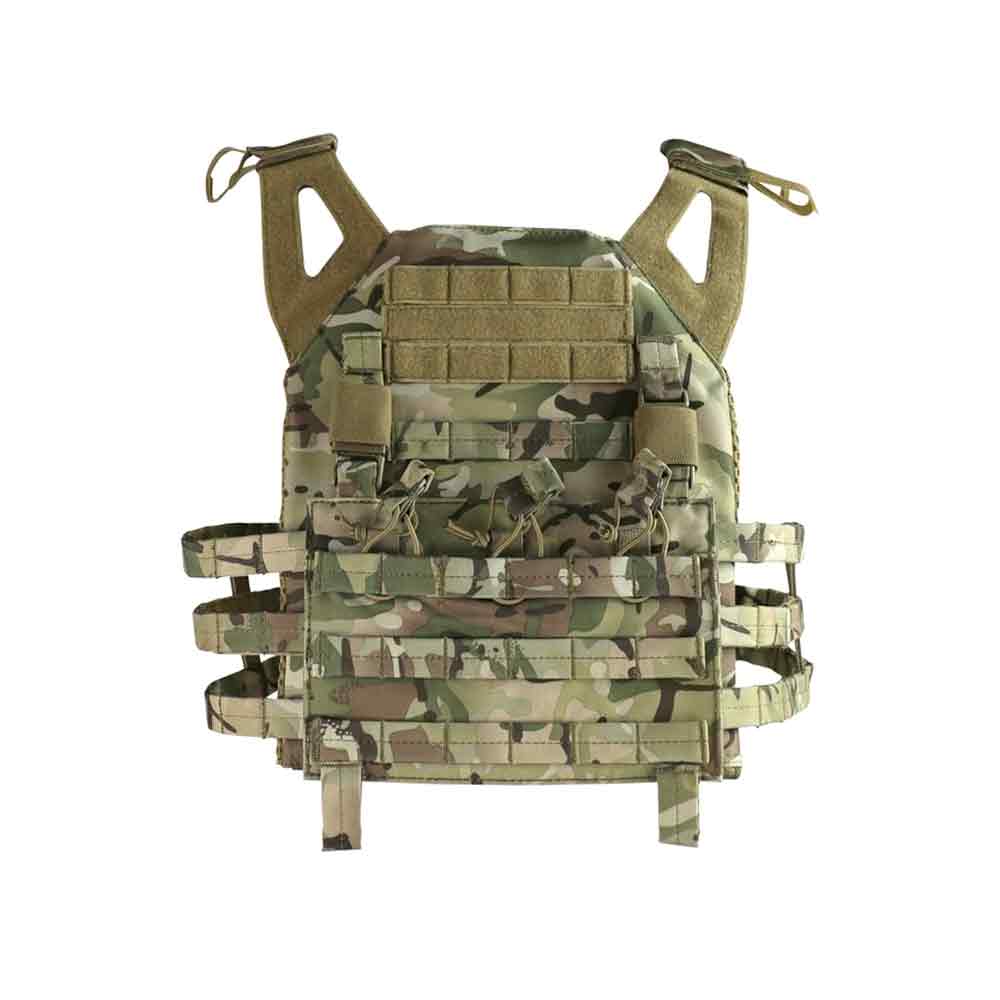 Kombat Buckle-Tek Spec-Ops Jump Plate Carrier in BTP camouflage, designed for airsoft enthusiasts with modular pouches and durable 600D polyester.