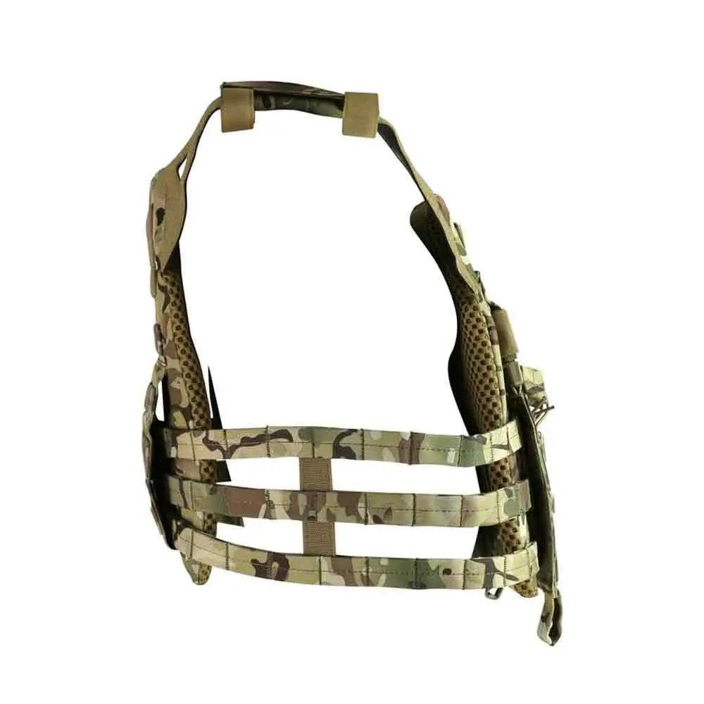 Side view of the Kombat Buckle-Tek Spec-Ops Jump Plate Carrier in BTP camo, highlighting breathable mesh padding and adjustable straps.