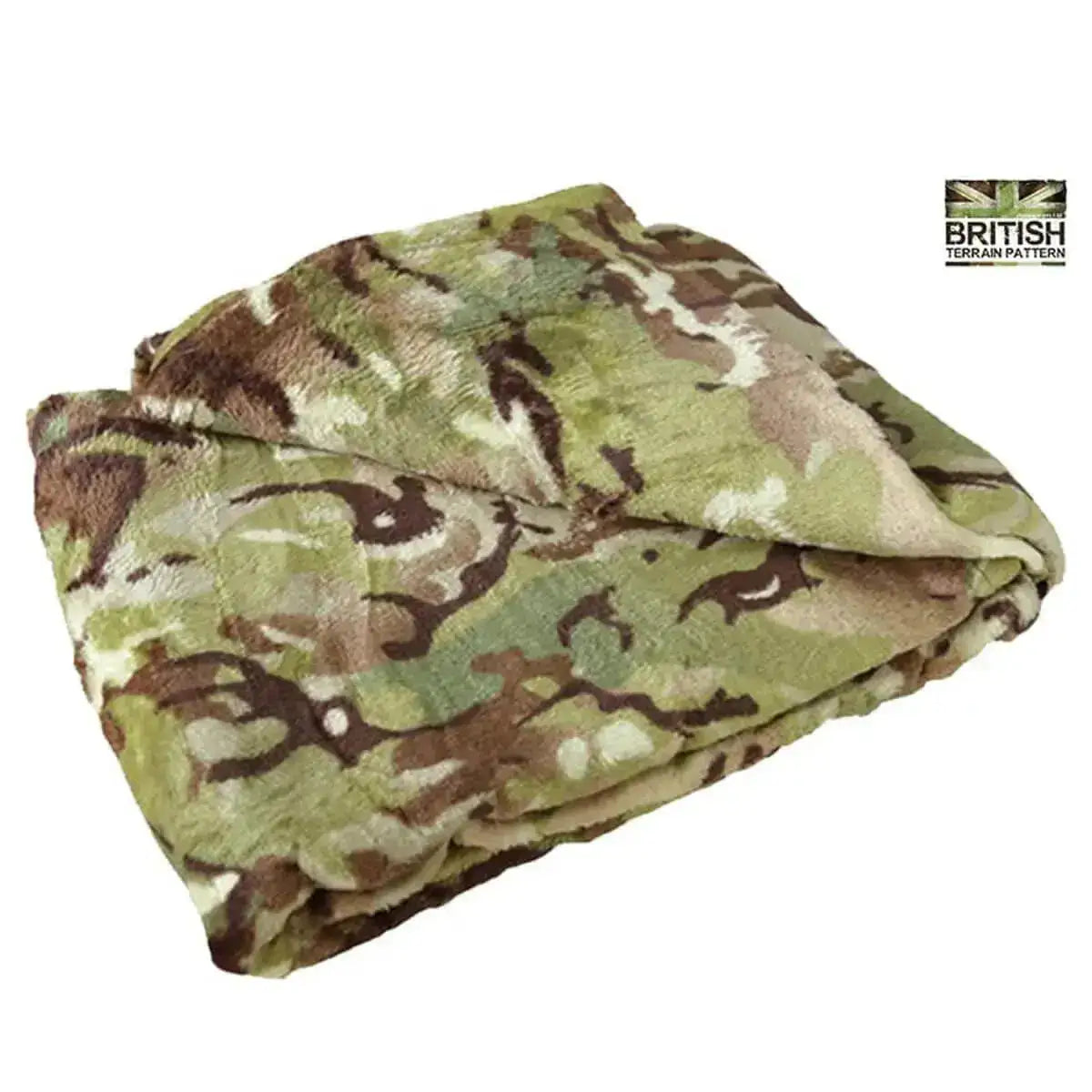 Kombat Kids BTP Fleece Army Blanket unfolded, showcasing its soft fleece material and British Terrain Pattern camouflage design. Perfect for camping and survival kits. from John Bull Clothing
