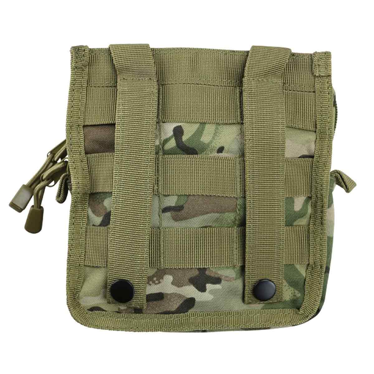 Rear view of Kombat Medium Molle Utility Pouch BTP showing MOLLE straps and snap buttons for secure attachment to tactical vests or backpacks.