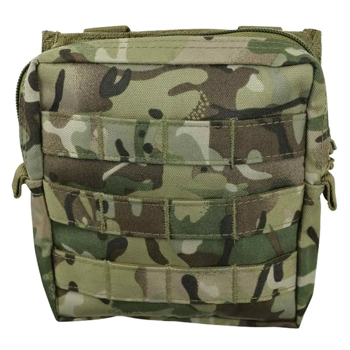 Front-facing Kombat Medium Molle Utility Pouch BTP with full MOLLE compatibility and durable multicam fabric for outdoor and military use. from John Bull Clothing